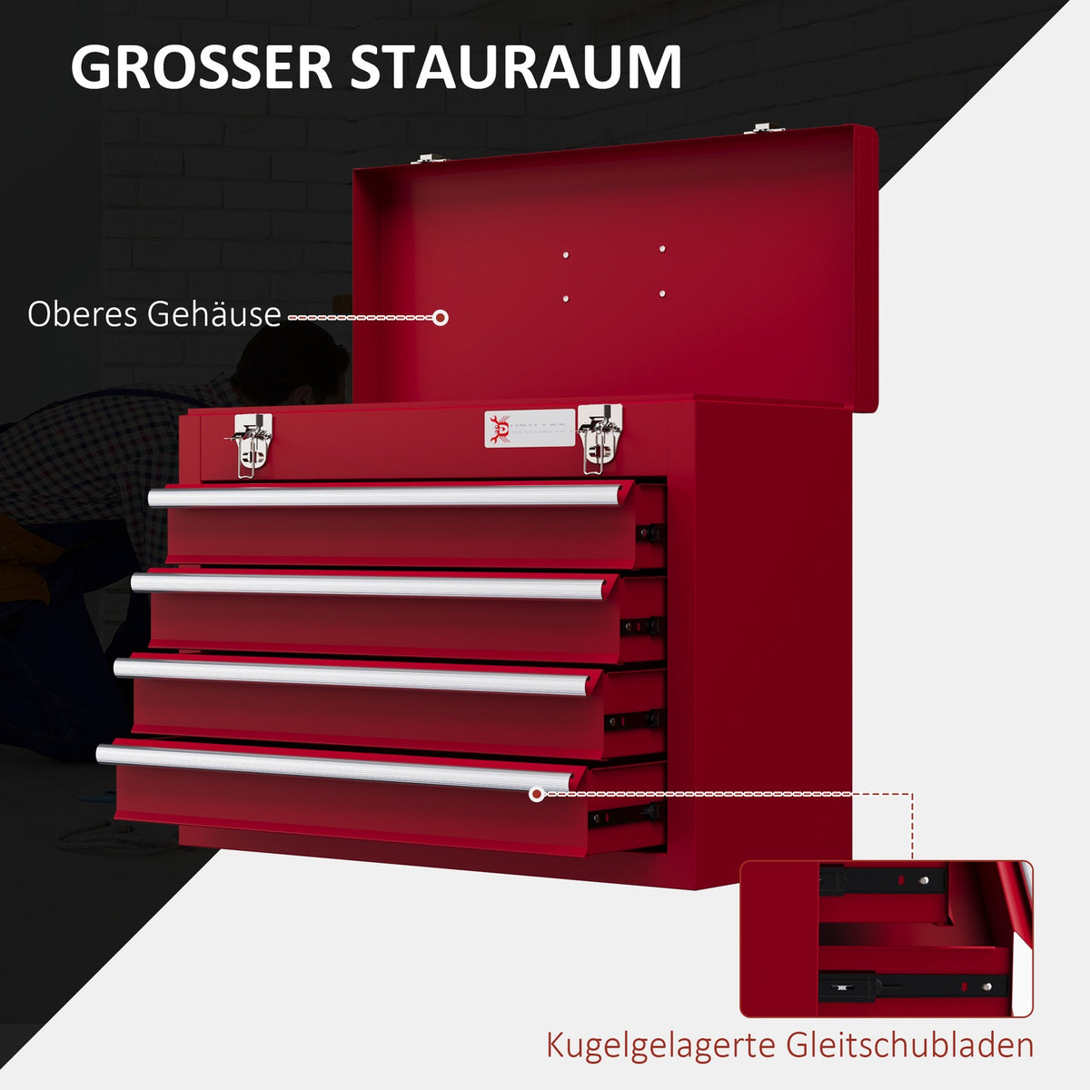 Tool box empty, 51 x 22 x 39.5 cm tool box with 4 drawers, top storage compartment, handle, tool box with lock, steel