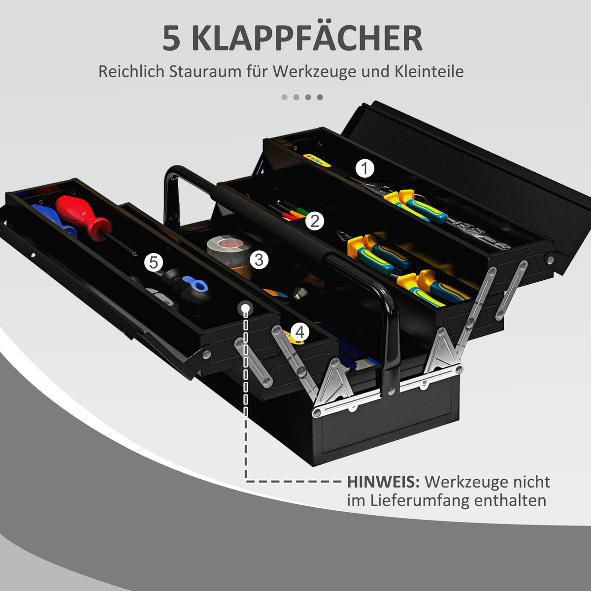 Tool box, tool box, 5 compartments, foldable steel (SPCC) black, 56 x 20 x 41 cm
