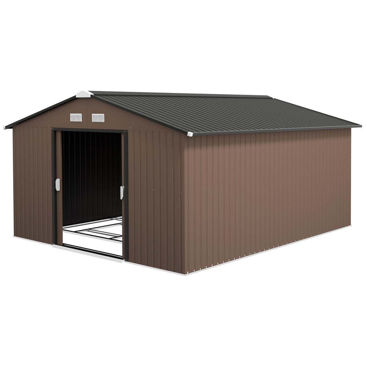 Tool shed 12.4 m², garden shed with pent roof, sliding door, foundation, 340 x 386 x 200 cm, tool shed made of galvanized steel, weatherproof, for garden, brown