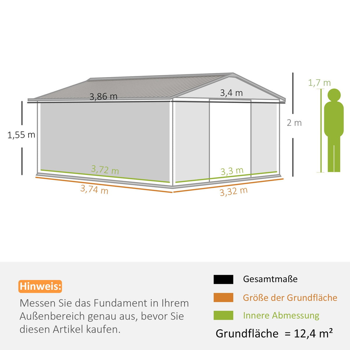 Tool shed 12.4 m², garden shed with pent roof, sliding door, foundation, 340 x 386 x 200 cm, tool shed made of galvanized steel, weatherproof, for garden, brown