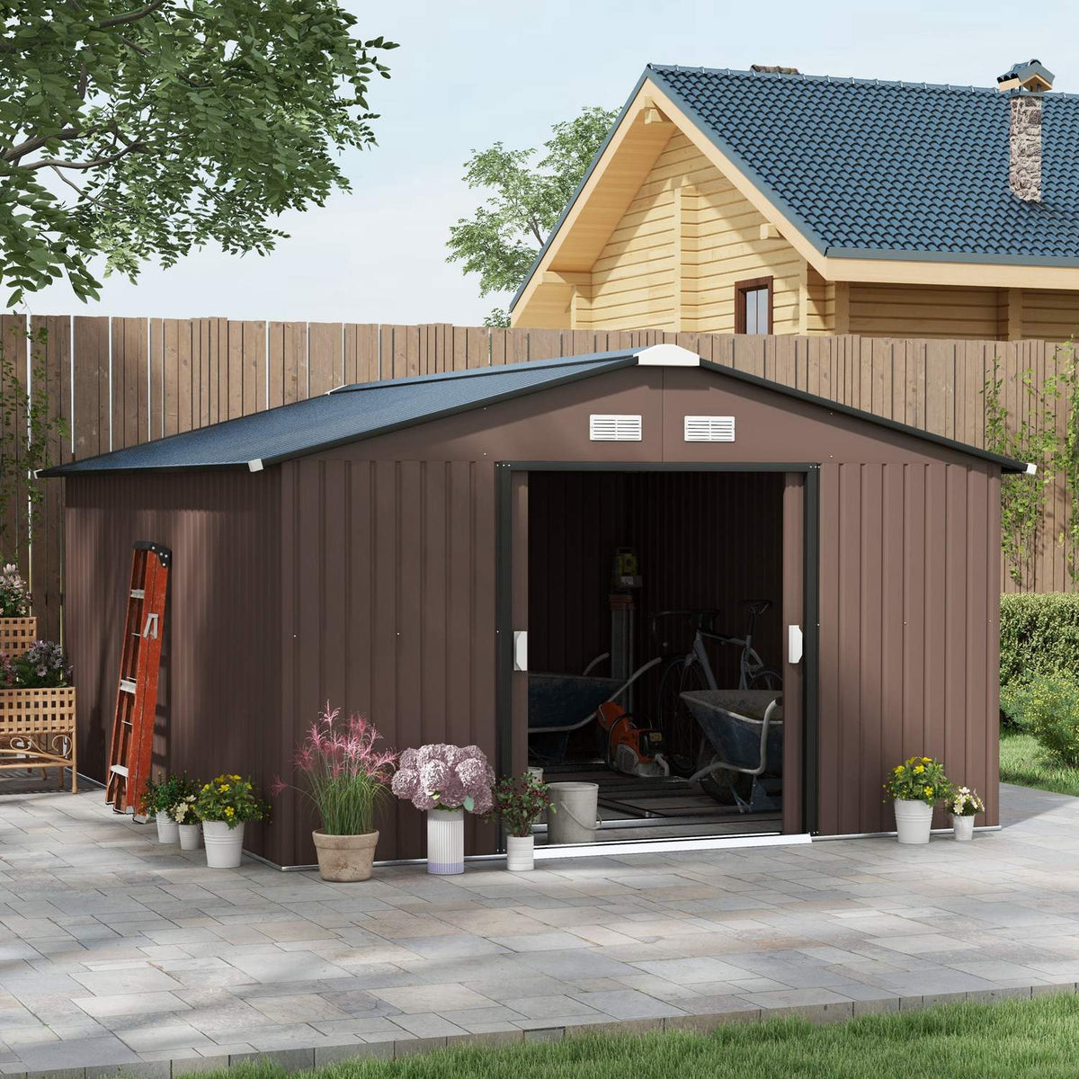 Tool shed 12.4 m², garden shed with pent roof, sliding door, foundation, 340 x 386 x 200 cm, tool shed made of galvanized steel, weatherproof, for garden, brown