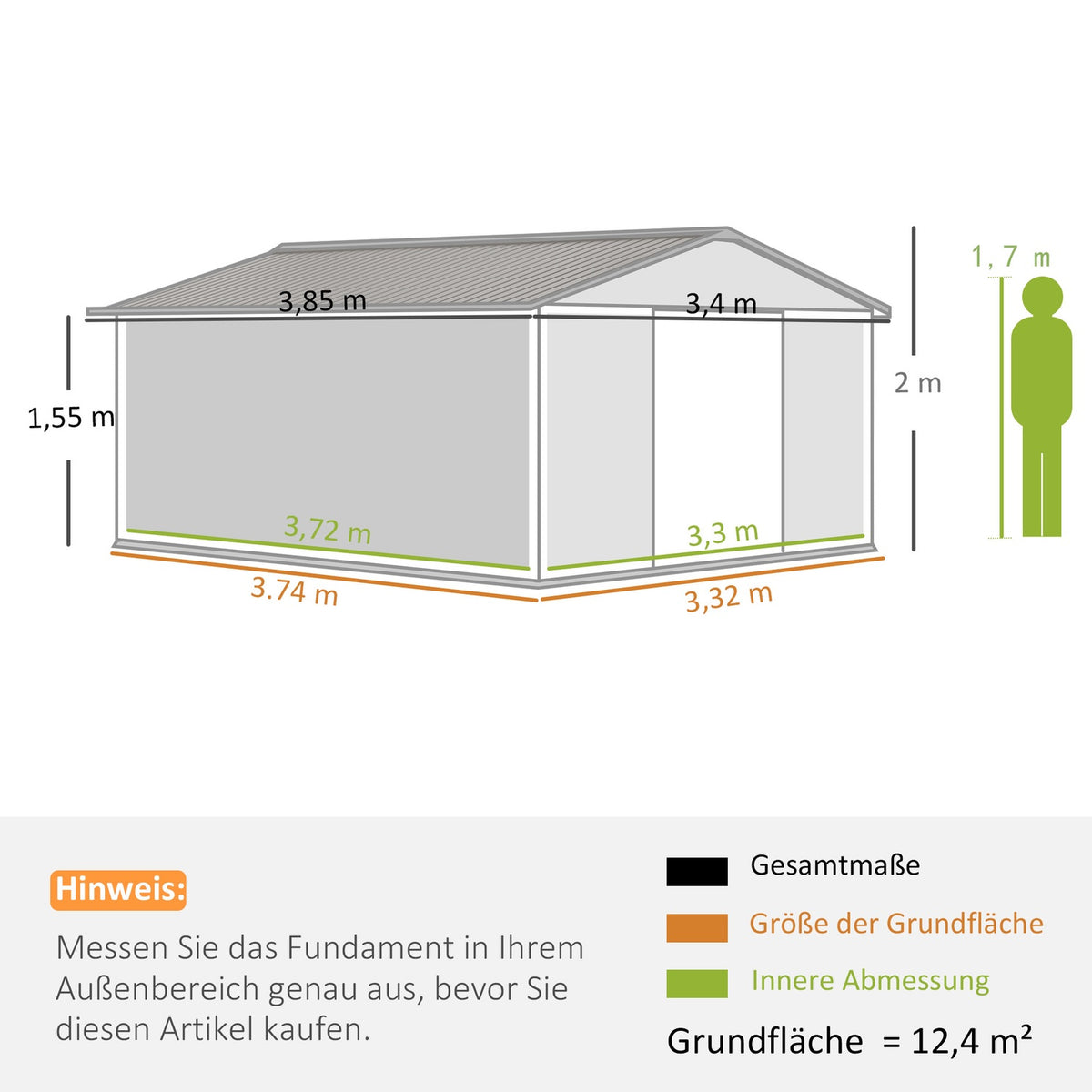 Tool shed 12.4 m², garden shed with pent roof, sliding door, foundation, 340 x 386 x 200 cm, tool shed made of galvanized steel, weatherproof, for garden, charcoal gray