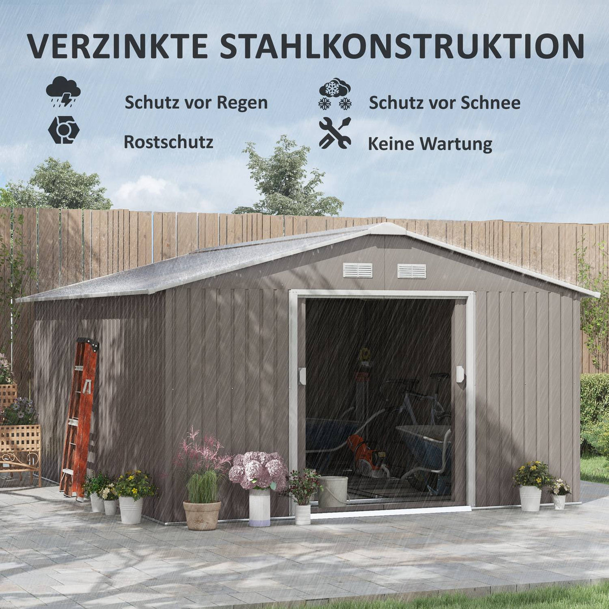 Tool shed 12.4 m², garden shed with pent roof, sliding door, foundation, 340 x 386 x 200 cm, tool shed made of galvanized steel, weatherproof, for garden, charcoal gray