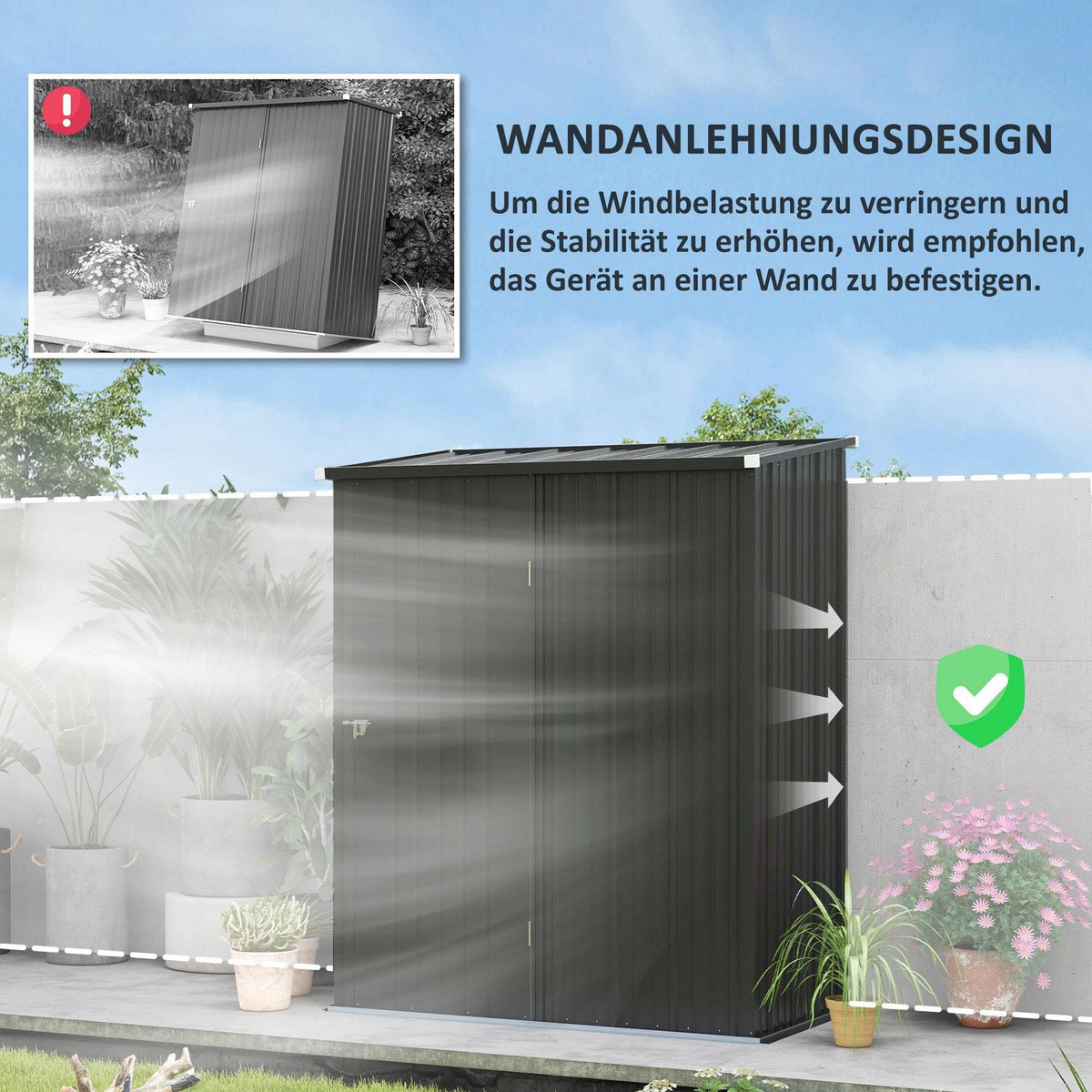 Tool shed 1.34 m² Lockable garden cupboard with pent roof made of galvanized steel, 161.5x94.5x196cm, black