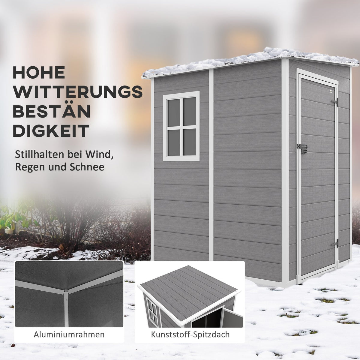 Tool shed 1.54m³, garden shed with pent roof, 122 x 149 x 192/177 cm, tool shed with lockable door, window, bicycle garage, garden cabinet made of aluminum, for backyard, garden, gray