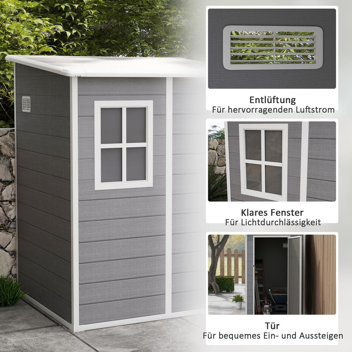 Tool shed 1.54m³, garden shed with pent roof, 122 x 149 x 192/177 cm, tool shed with lockable door, window, bicycle garage, garden cabinet made of aluminum, for backyard, garden, gray