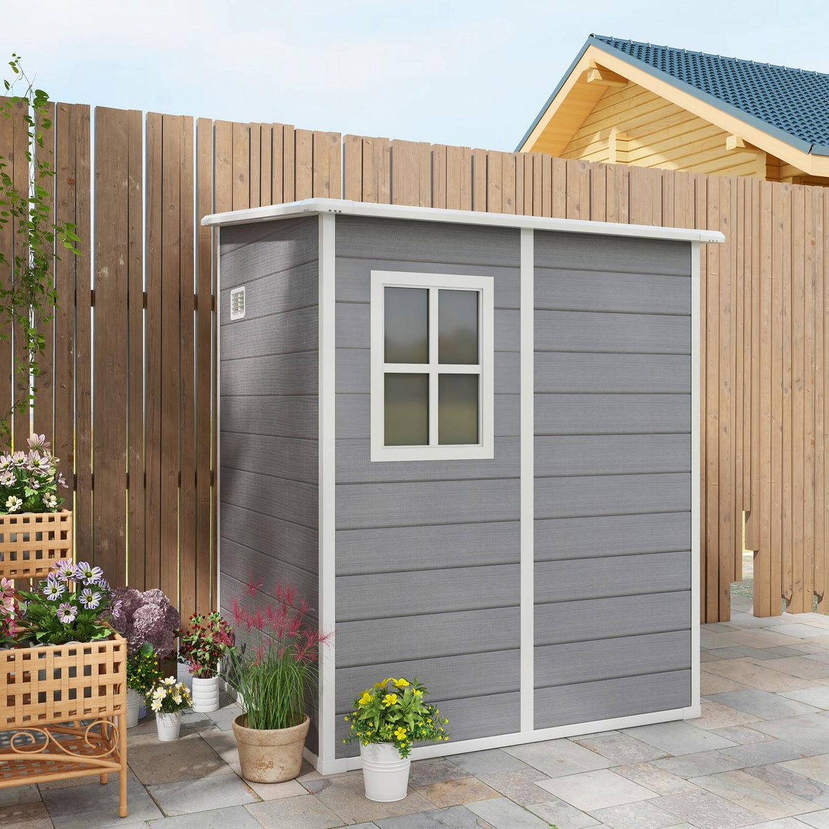 Tool shed 1.54m³, garden shed with pent roof, 122 x 149 x 192/177 cm, tool shed with lockable door, window, bicycle garage, garden cabinet made of aluminum, for backyard, garden, gray