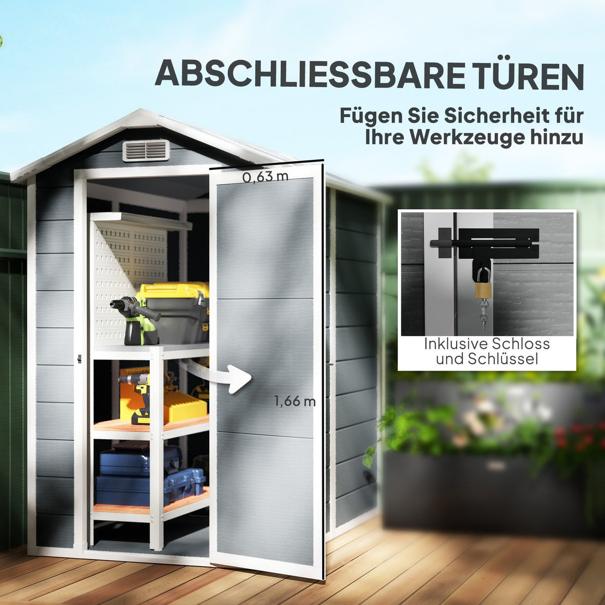 Tool shed 2.1m², waterproof garden house with floor pent roof, 131x186x198/172 cm, tool shed with lockable door, window bicycle garage, garden cabinet made of aluminum, for backyard, garden, gray |
