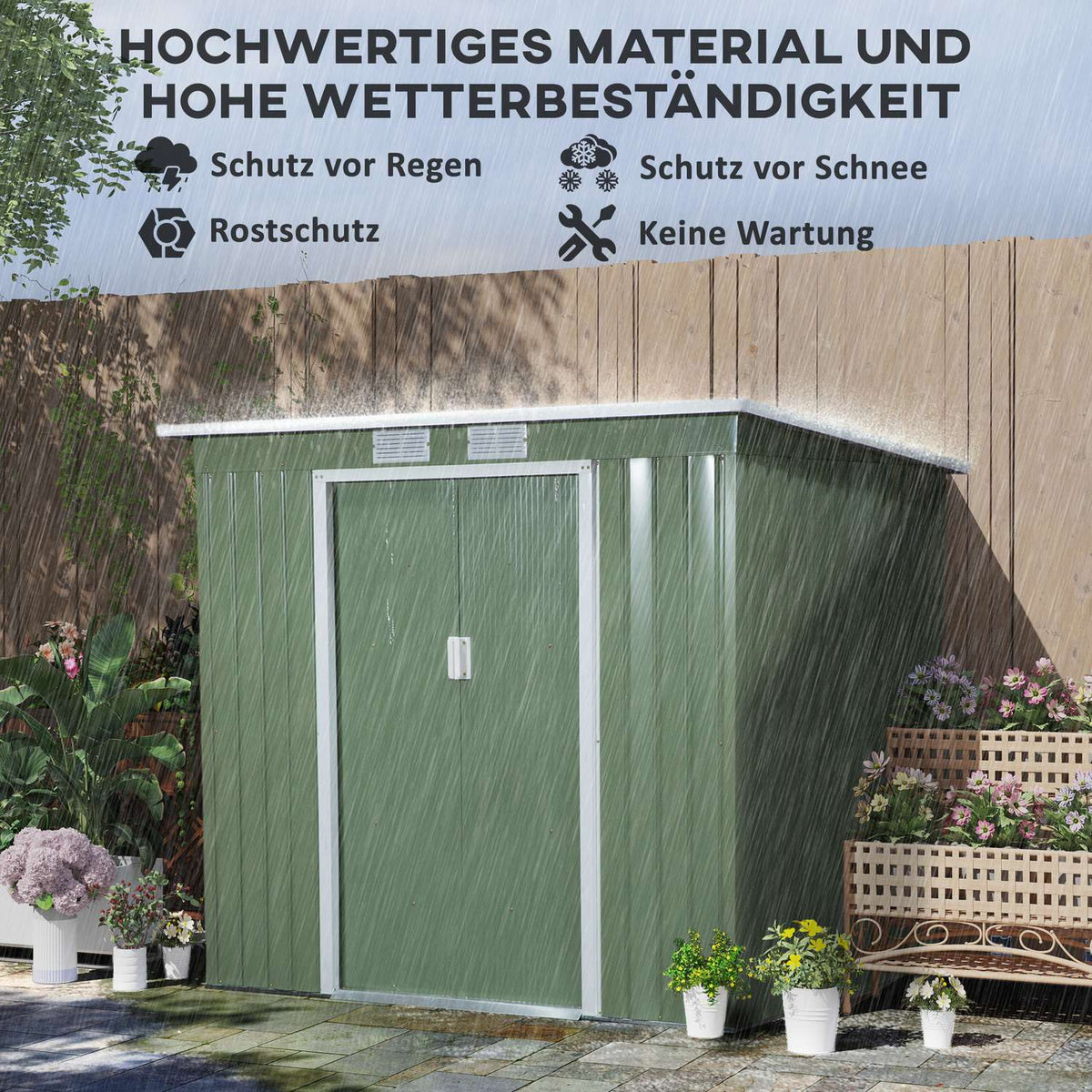 Tool shed 2.42 m², garden shed with ventilation window, sliding door, foundation, 213 x 130 x 159/172 cm, tool shed made of galvanized steel, weatherproof, for garden, green