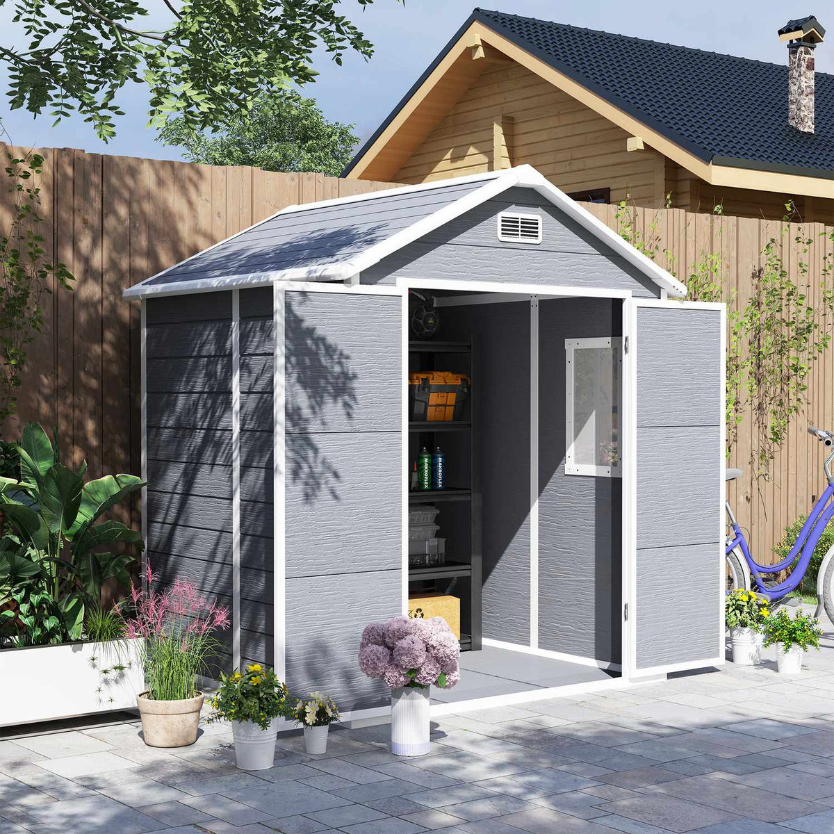 Tool shed 2.4m², waterproof garden house with floor pent roof, 182x151x219/181 cm, tool shed with lockable door, window bicycle garage, garden cabinet made of aluminum, for backyard, garden, gray |