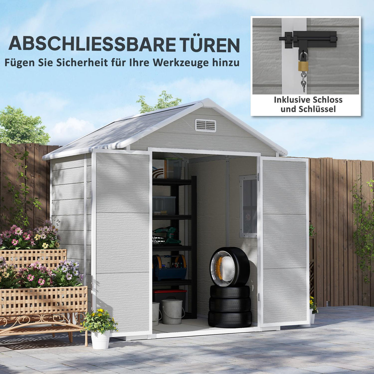Tool shed 2.4m², waterproof garden house with floor pent roof, 182x151x219/181 cm, tool shed with lockable door, window bicycle garage, garden cabinet made of aluminum, for backyard, garden, gray |