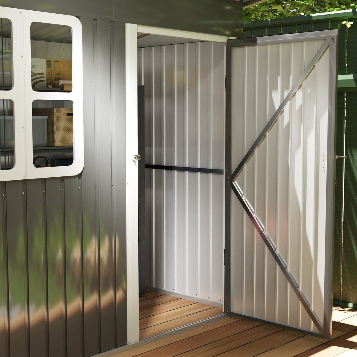 Tool shed 2.55m², garden shed with pent roof, 221 x 133 x 190/173 cm, tool shed with lockable door, window, bicycle garage, garden cupboard made of steel, for backyard, garden, dark gray