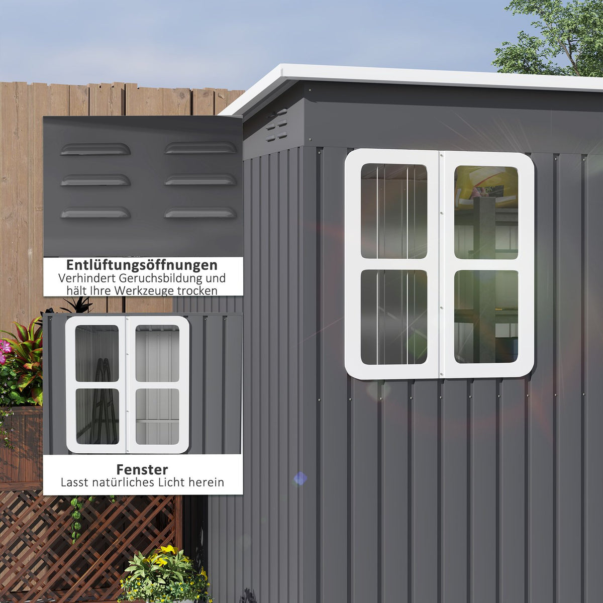 Tool shed 4.13 m³, garden shed, 260 x 177 x 190 cm, tool shed with window, lockable door, bicycle garage, garden cupboard made of steel, for backyard, garden, dark gray |