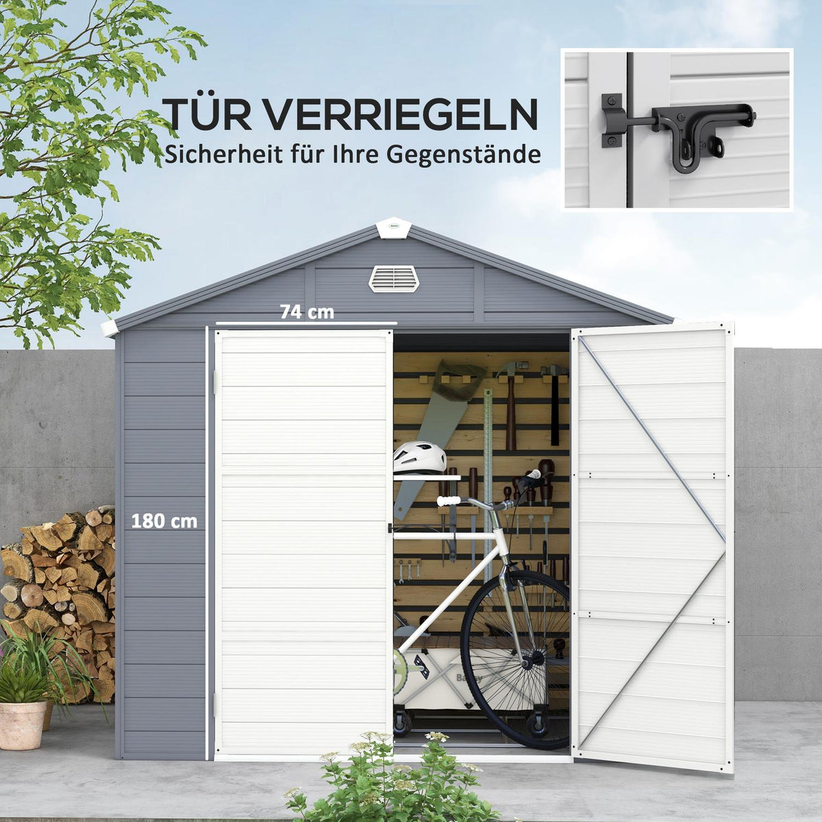 Tool shed 4.1 m³, garden shed with pent roof, 240 x 190 x 180/228 cm, tool shed with lockable door, window, bicycle garage, garden cabinet made of aluminum, for backyard, garden, gray