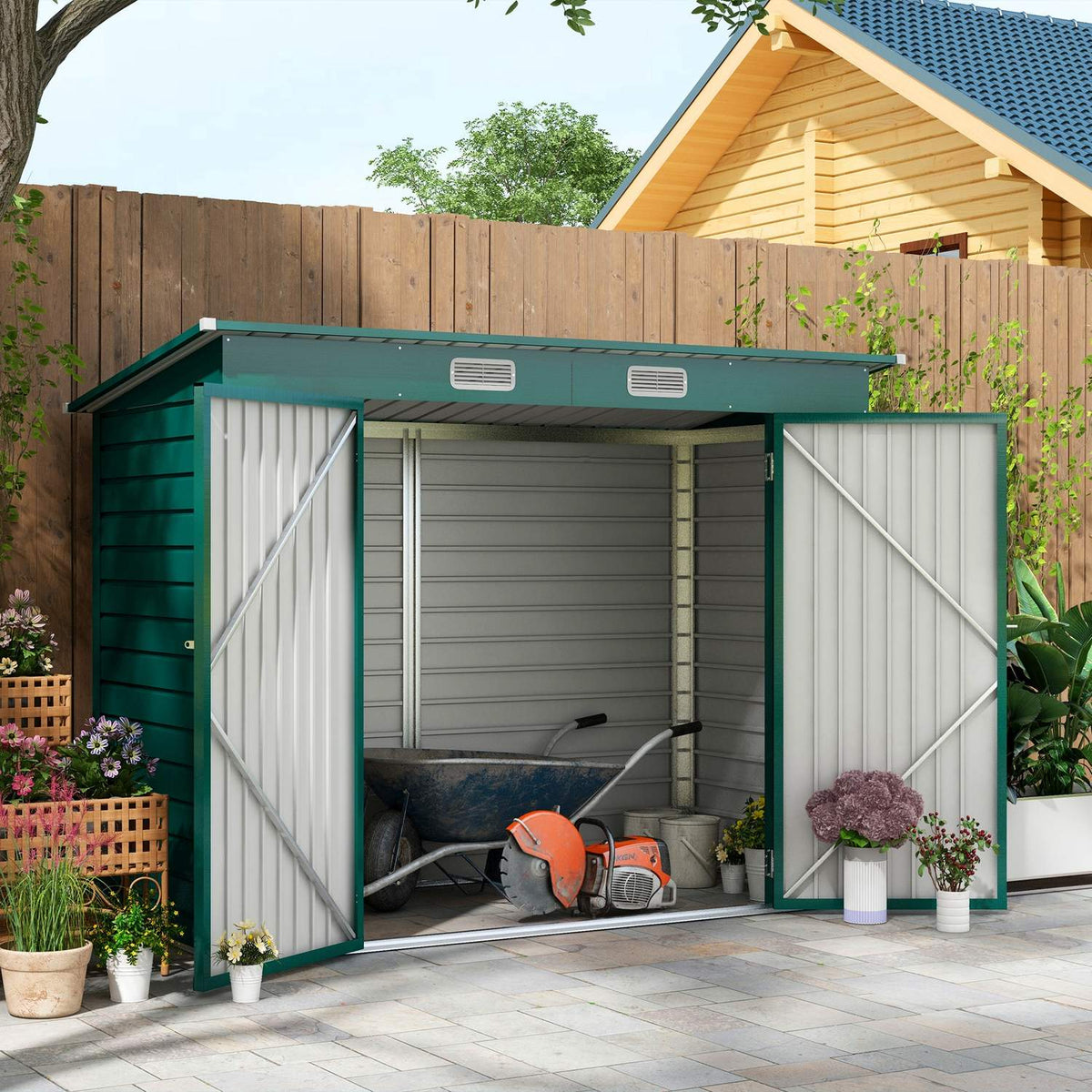 Tool shed 4.1 m³, garden shed with pent roof, 249 x 121 x 166/183 cm, tool shed with lockable double doors, windows, bicycle garage, garden cupboard made of steel, for backyard, garden, green