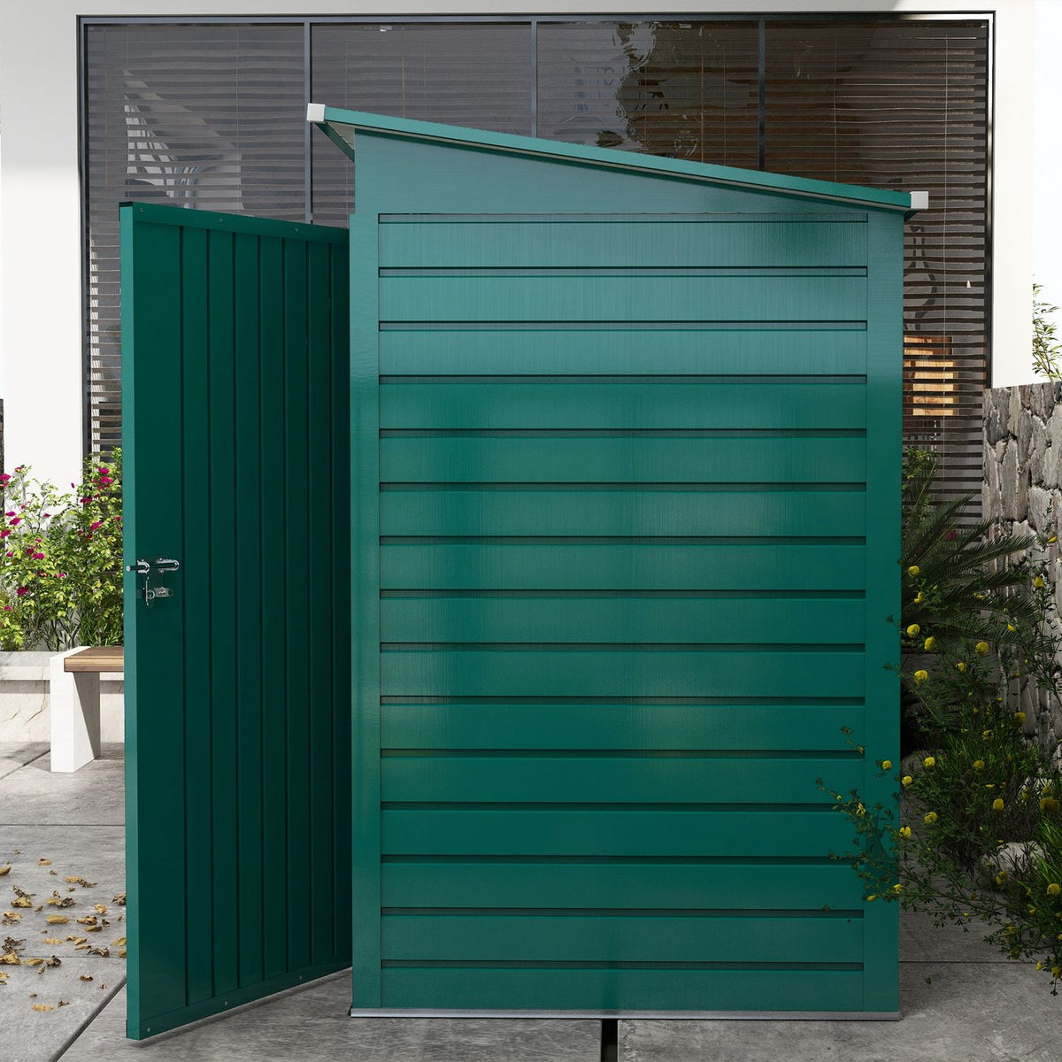 Tool shed 4.1 m³, garden shed with pent roof, 249 x 121 x 166/183 cm, tool shed with lockable double doors, windows, bicycle garage, garden cupboard made of steel, for backyard, garden, green