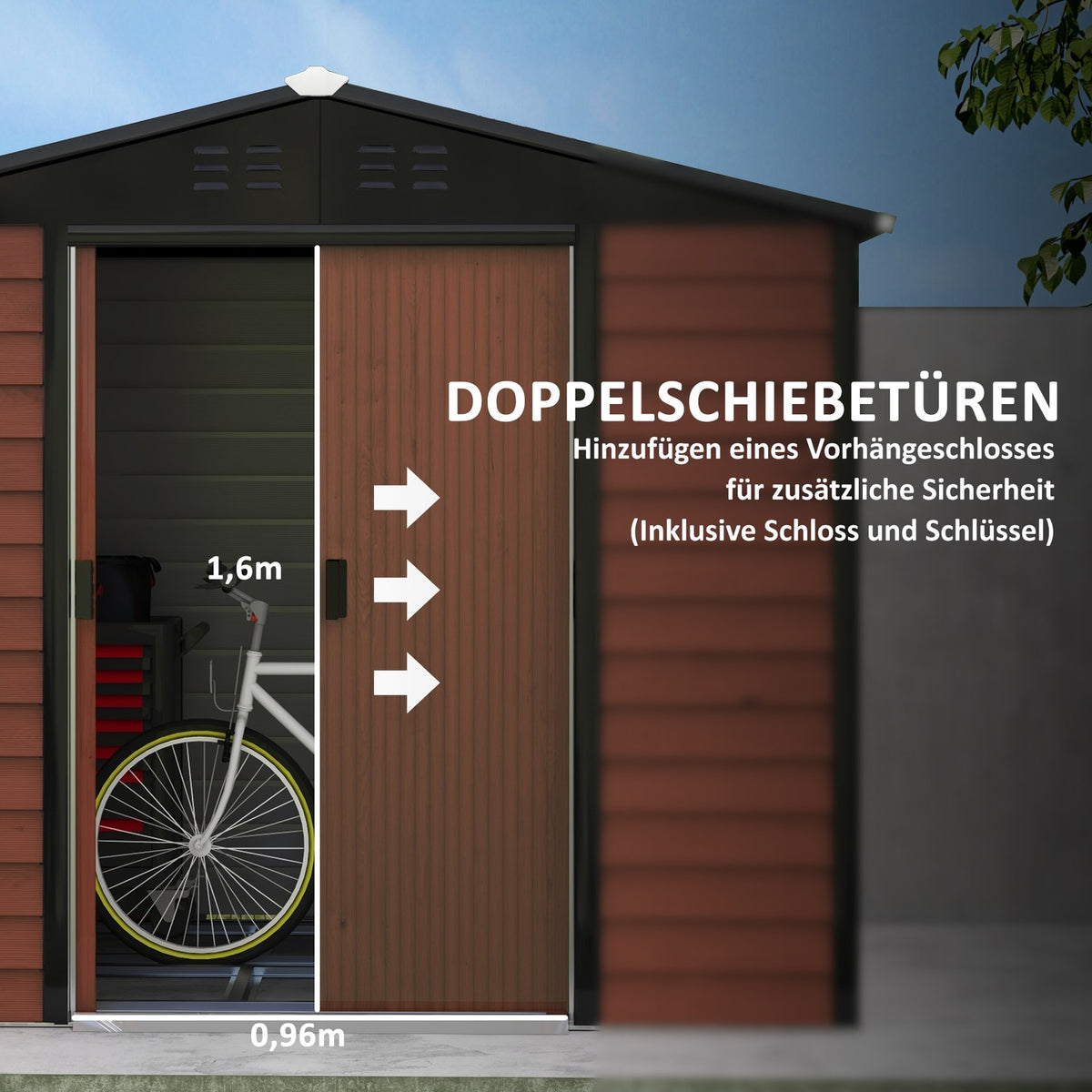 Tool shed 4.4 m², garden shed with pent roof, sliding door, foundation, 240 x 206 x 198 cm, tool shed made of galvanized steel, weatherproof, for garden, teak