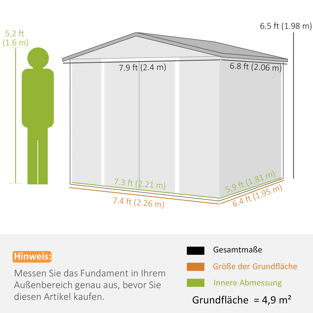 Tool shed 4.4 m², garden shed with pent roof, sliding door, foundation, 240 x 206 x 198 cm, tool shed made of galvanized steel, weatherproof, for garden, teak
