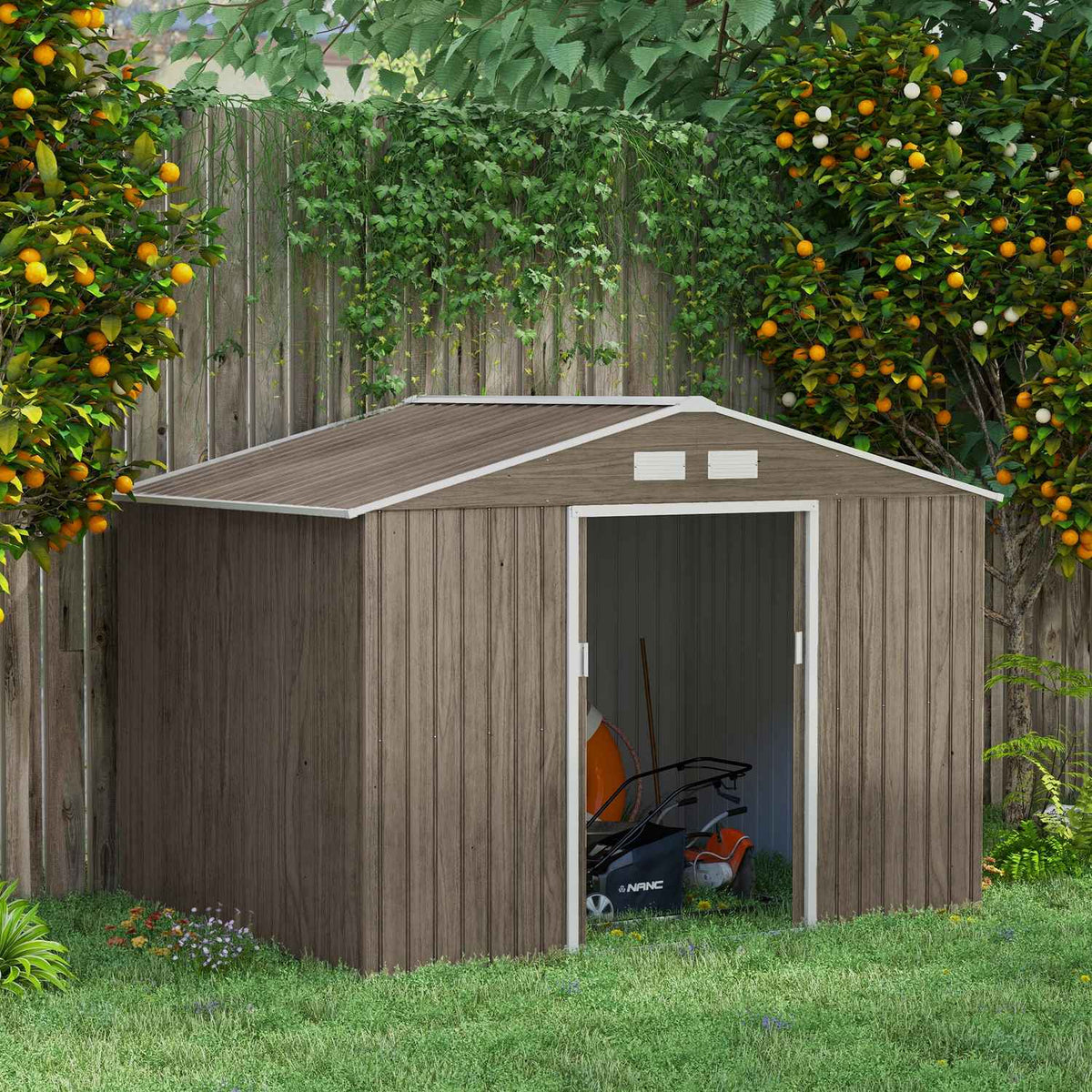 Tool shed 4.9 m², garden shed with pent roof, sliding door, foundation, 277 x 195 x 192 cm, tool shed made of galvanized steel, weatherproof, for garden, light brown