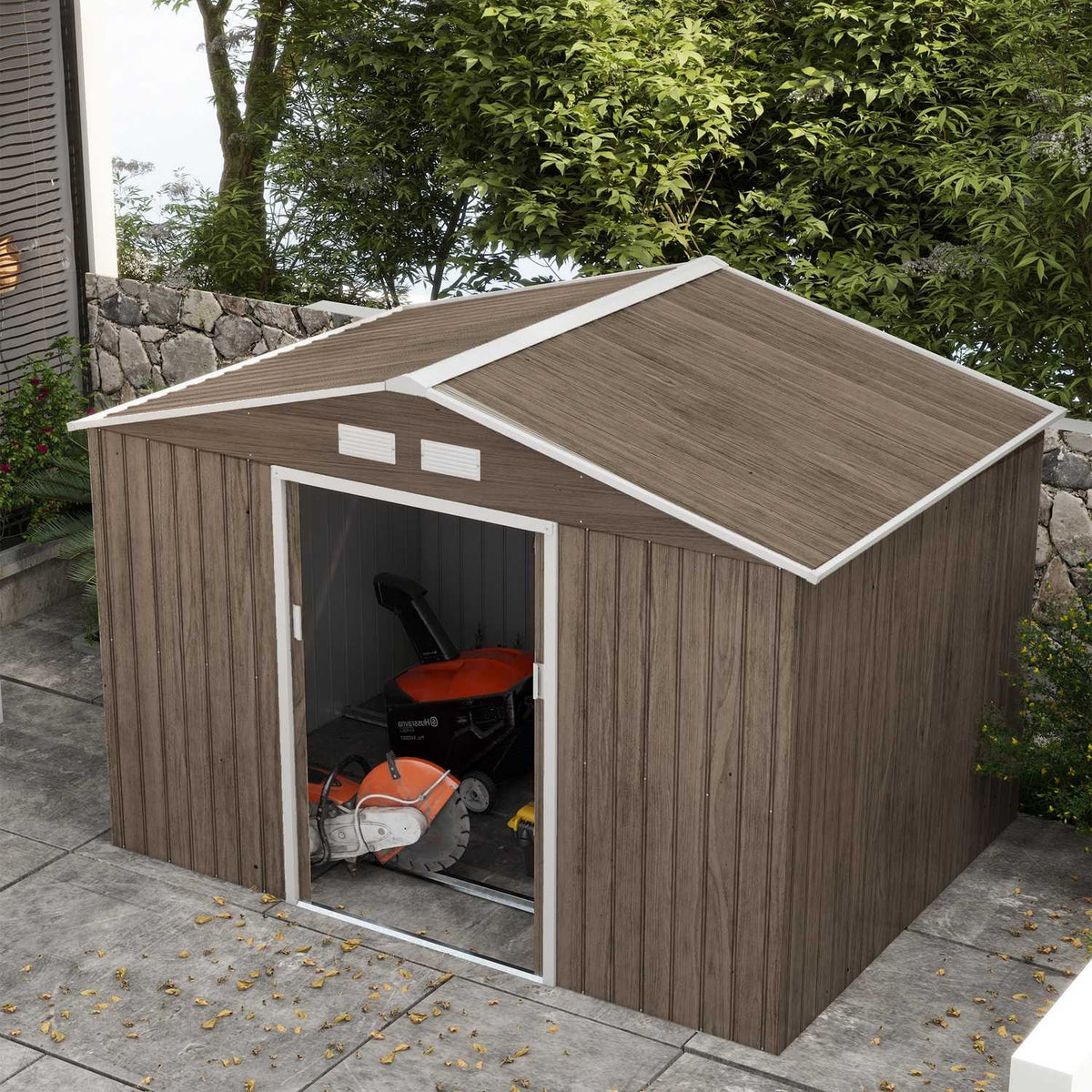 Tool shed 4.9 m², garden shed with pent roof, sliding door, foundation, 277 x 195 x 192 cm, tool shed made of galvanized steel, weatherproof, for garden, light brown