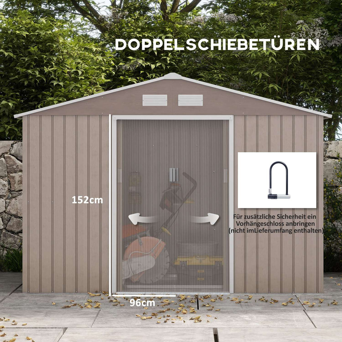 Tool shed 4.9 m², garden shed with pent roof, sliding door, foundation, 277 x 195 x 192 cm, tool shed made of galvanized steel, weatherproof, for garden, light brown