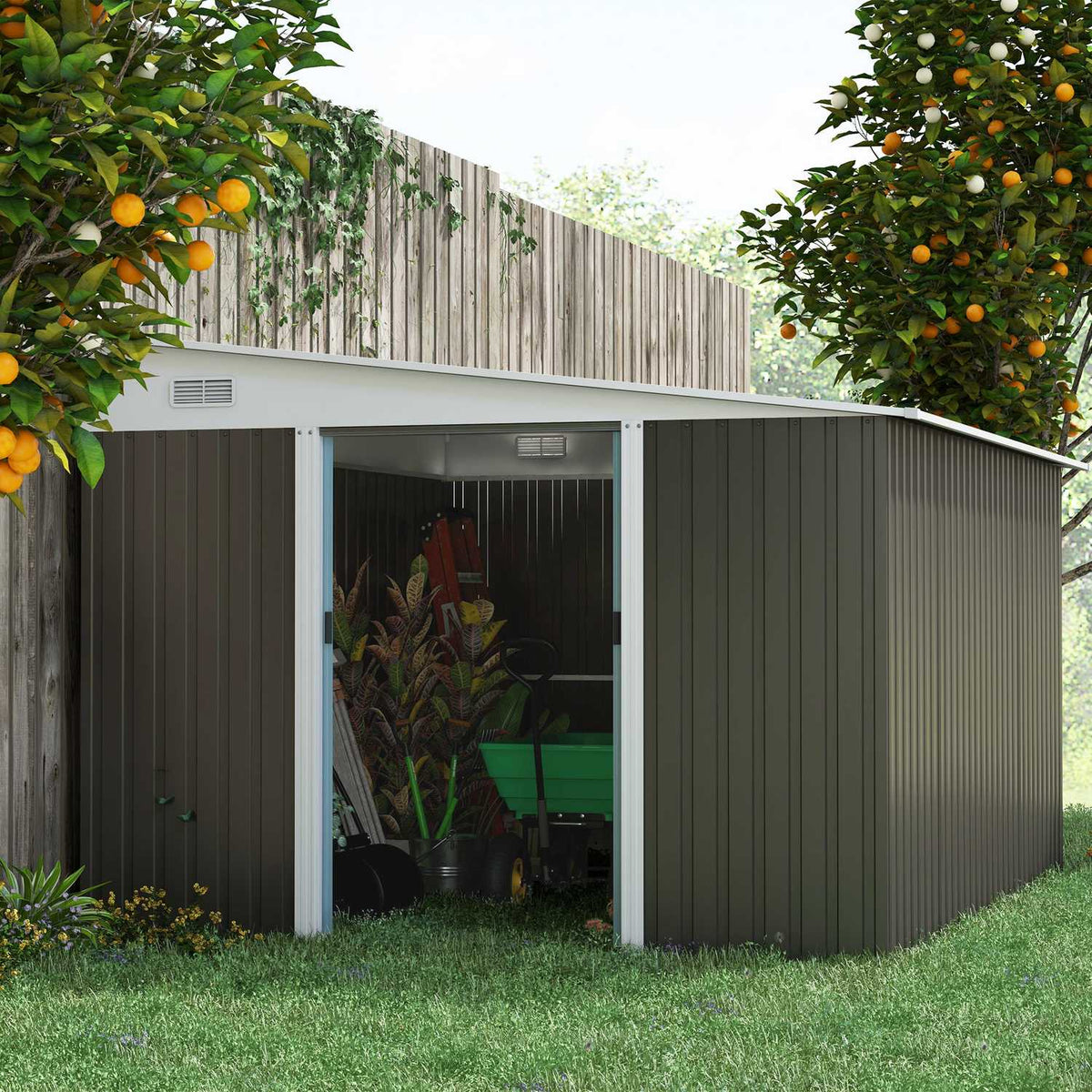 Tool shed 8.9 ㎡ steel garden shed with pent roof & sliding door, ventilation slots, 280x345x201cm, gray