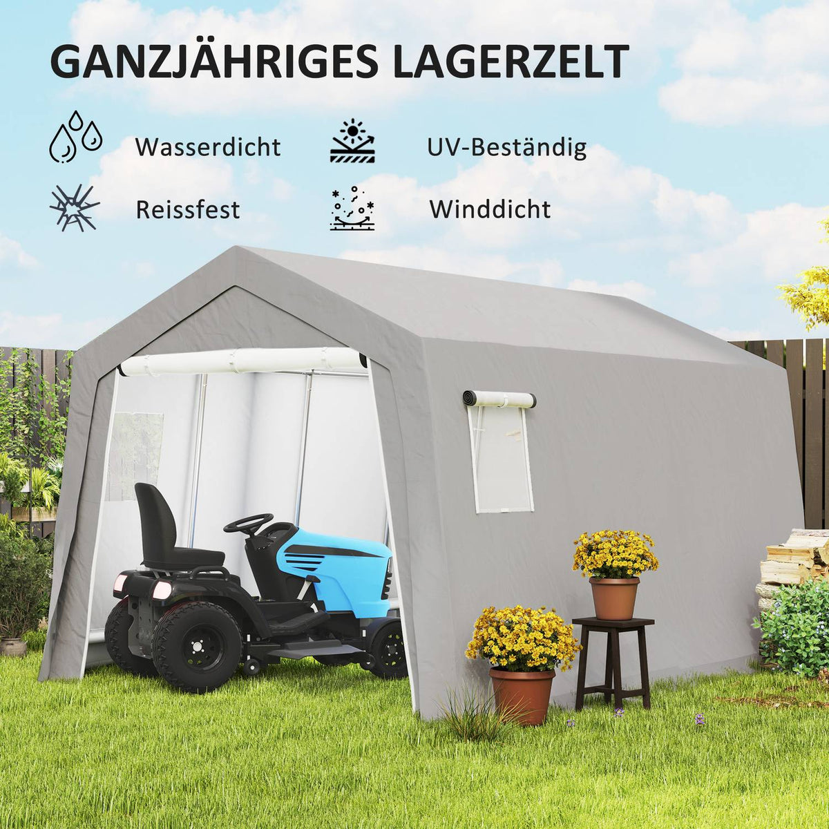Tool shed with gable roof, waterproof tool tent with doors, windows, anti-dust bicycle cover, foil tool shed, bicycle garage for patio, garden, 300 x 447 x 255 cm, light gray
