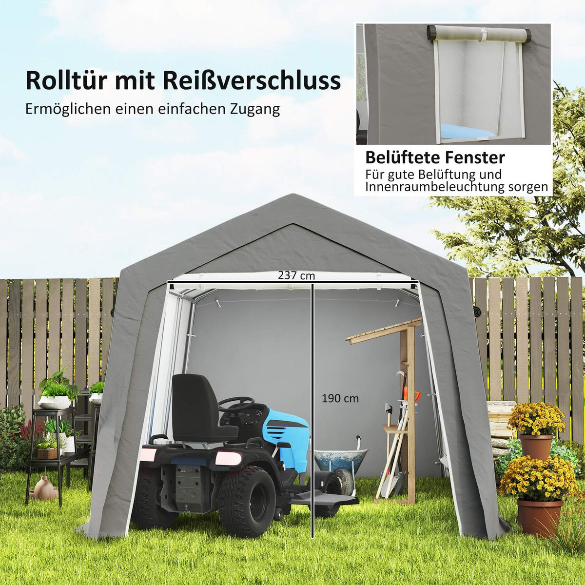 Tool shed with gable roof, waterproof tool tent with doors, windows, anti-dust bicycle cover, foil tool shed, bicycle garage for patio, garden, 300 x 447 x 255 cm, light gray