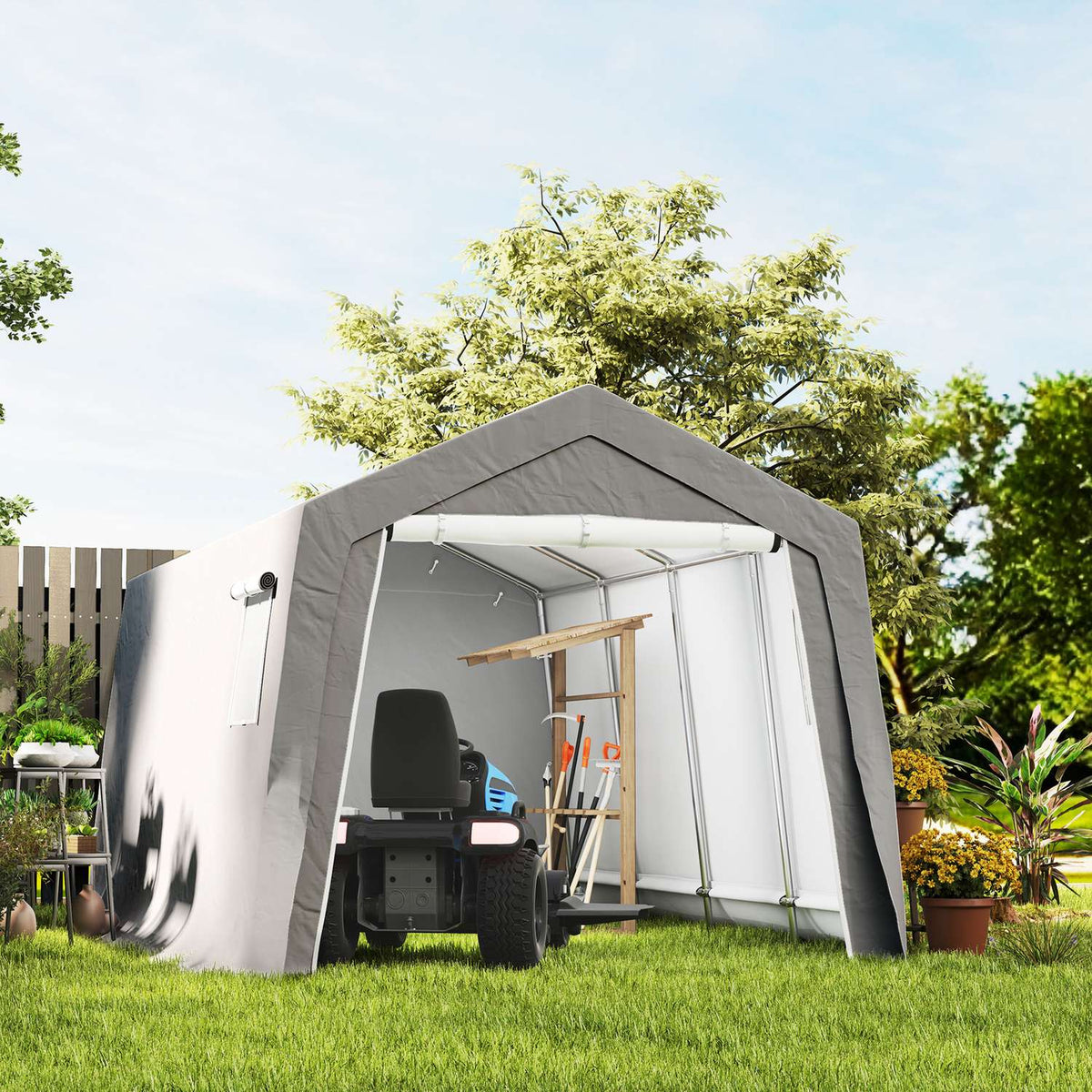 Tool shed with gable roof, waterproof tool tent with doors, windows, anti-dust bicycle cover, foil tool shed, bicycle garage for patio, garden, 300 x 447 x 255 cm, light gray