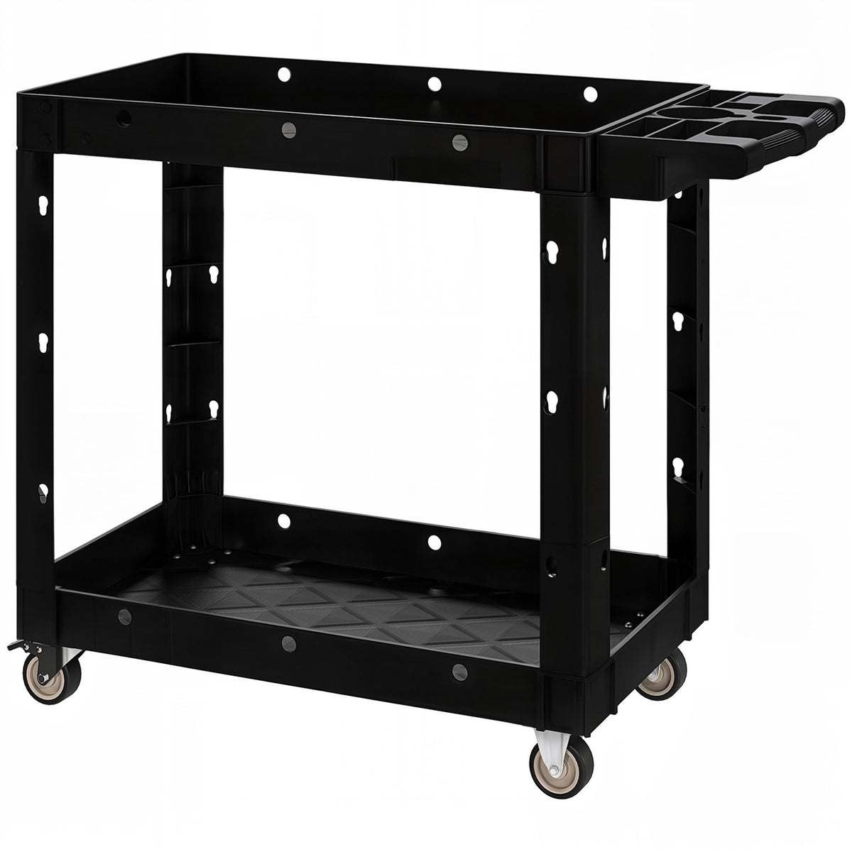 Tool trolley, 2-tier shelves, handle, wheels, plastic, black