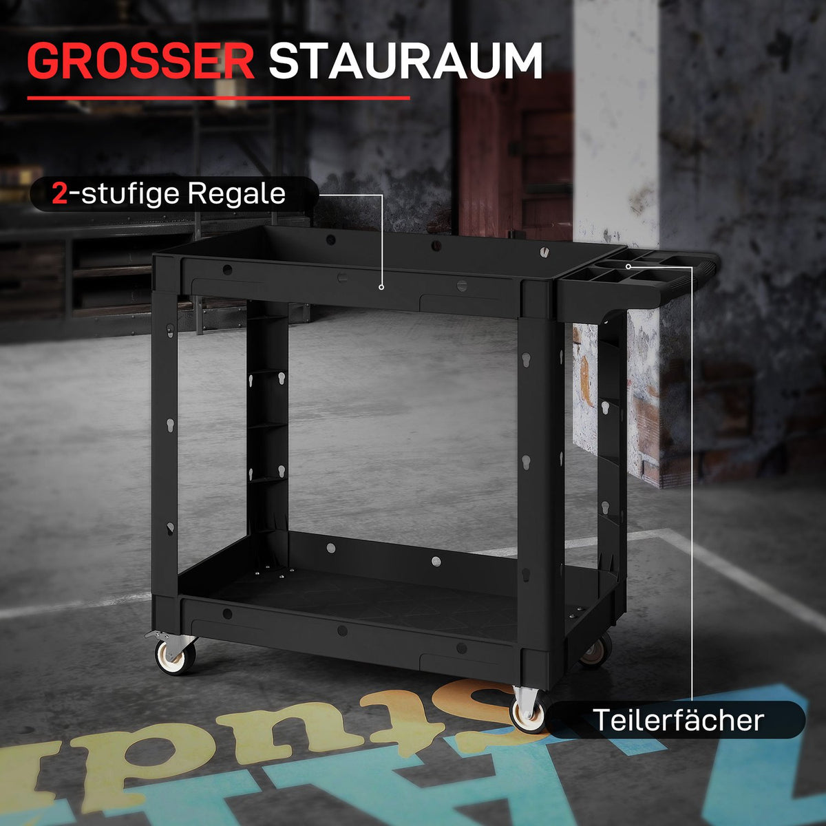 Tool trolley, 2-tier shelves, handle, wheels, plastic, black