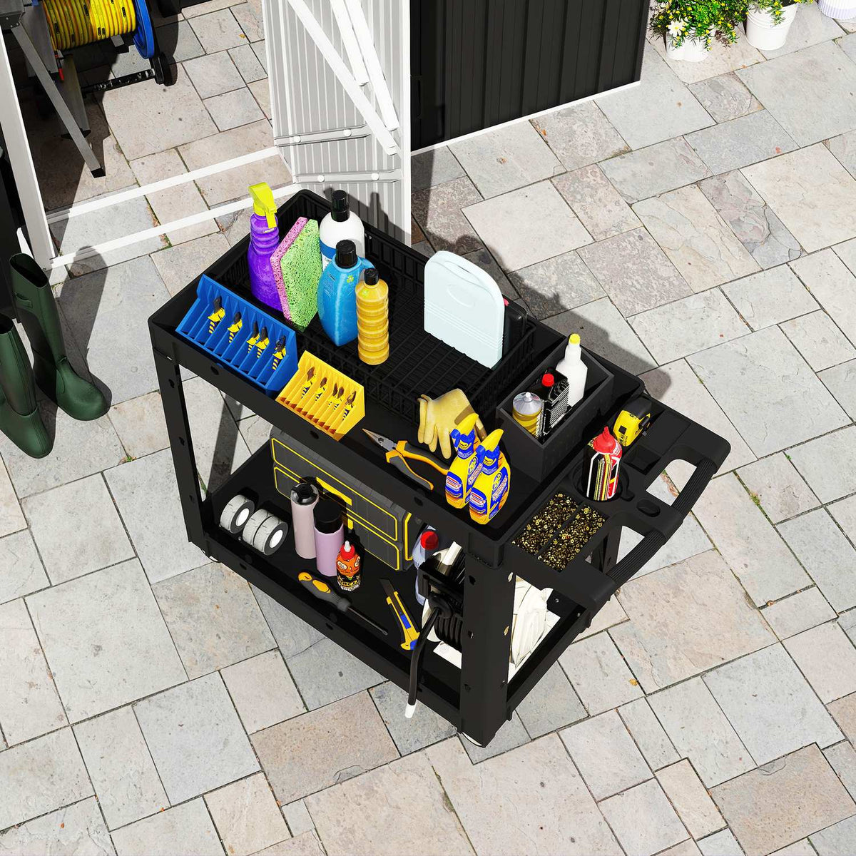 Tool trolley, 2-tier shelves, handle, wheels, plastic, black
