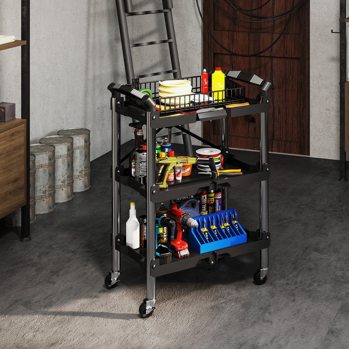 Tool trolley, foldable 3-tier tool cart, plastic, steel, black
