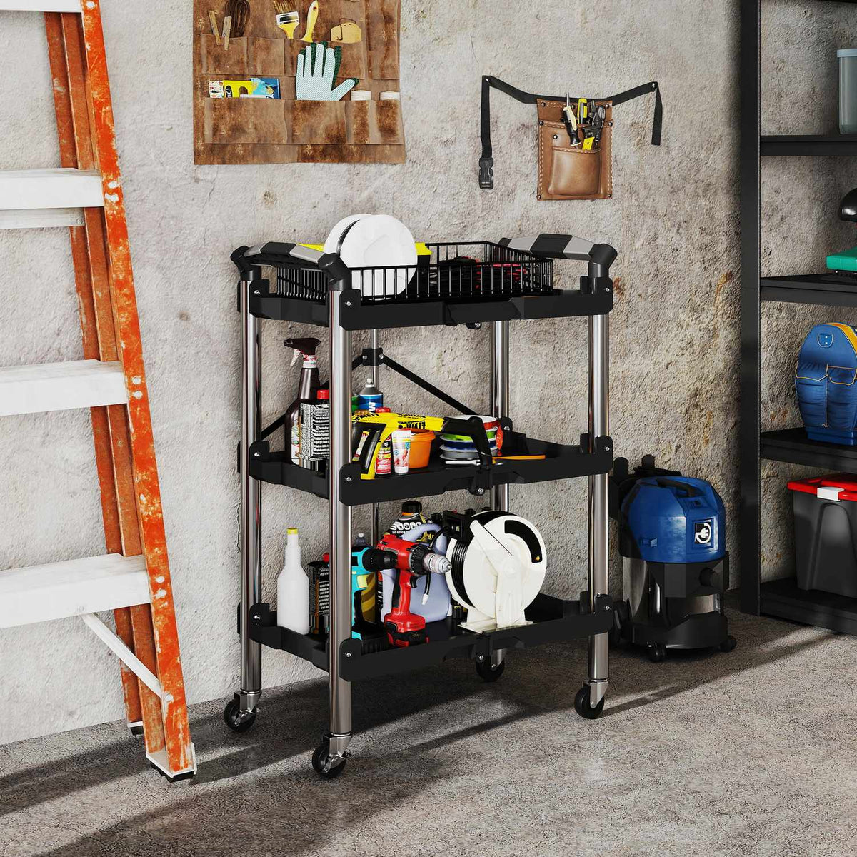 Tool trolley, foldable 3-tier tool cart, plastic, steel, black