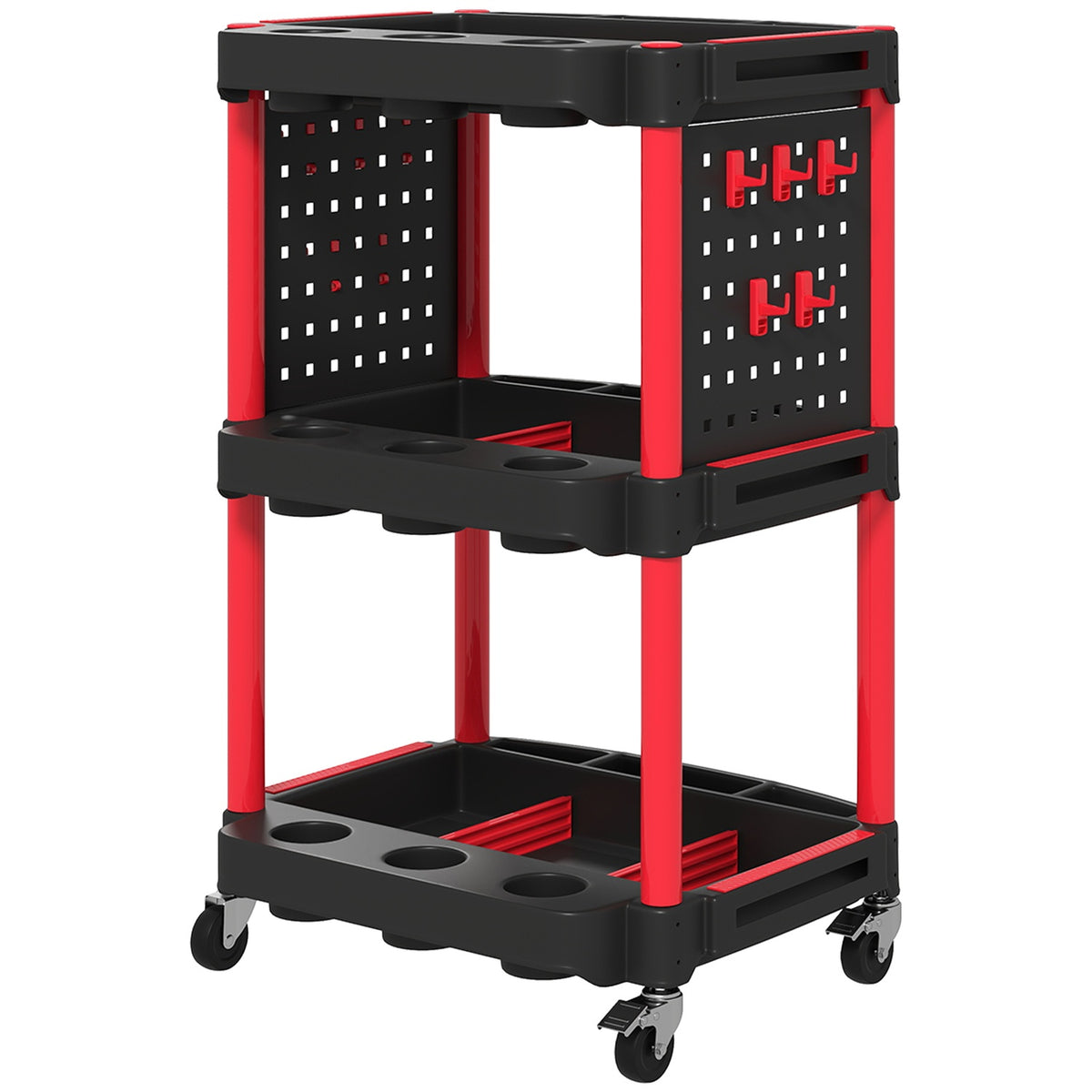 Tool trolley, three-tier shelves, 4 wheels, plastic, 10 hooks, red