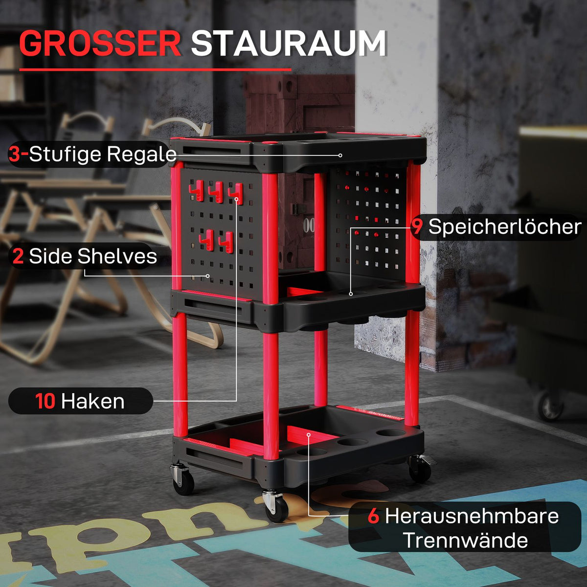 Tool trolley, three-tier shelves, 4 wheels, plastic, 10 hooks, red