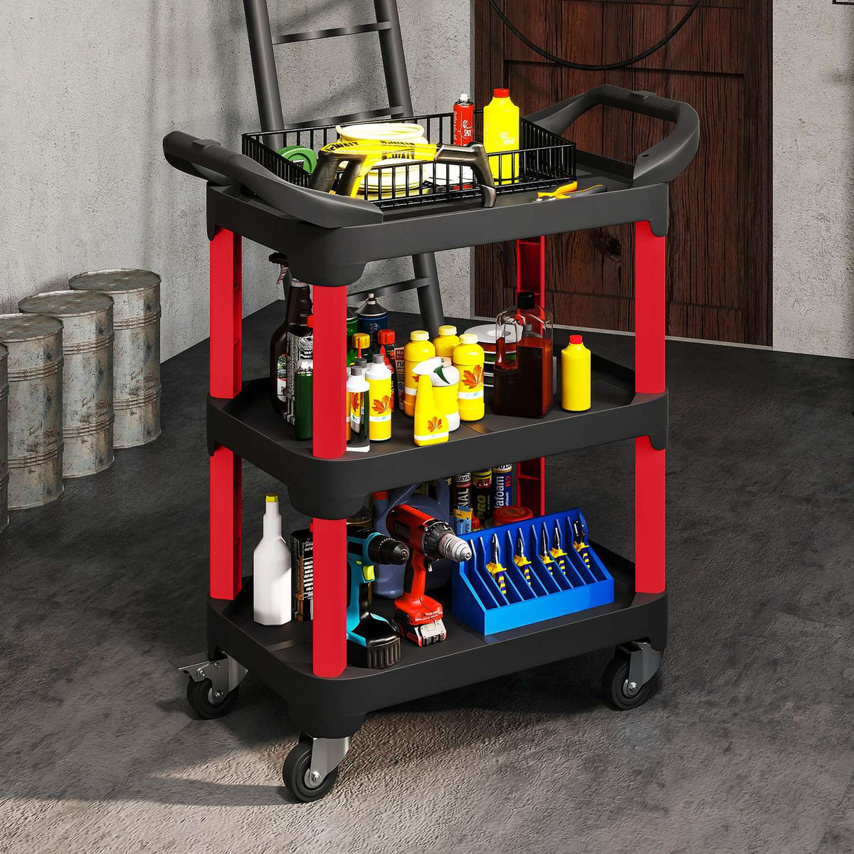 Tool trolley with 3 levels, side handles, wheels, plastic, black