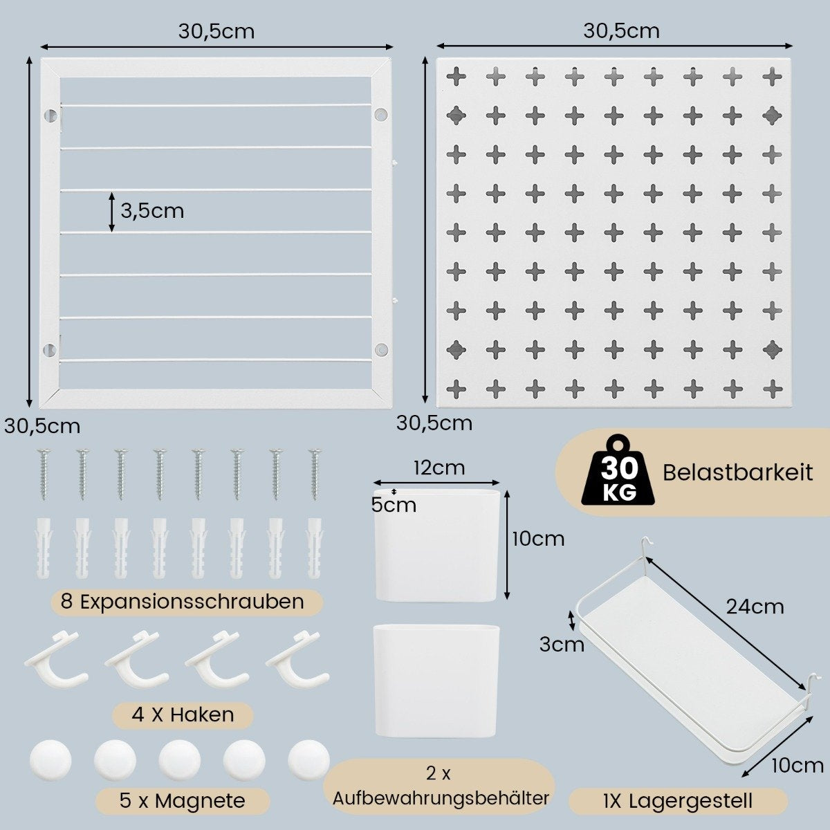 Tool wall with 2 storage containers & 1 storage rack & 5 magnets & 4 hooks pegboard