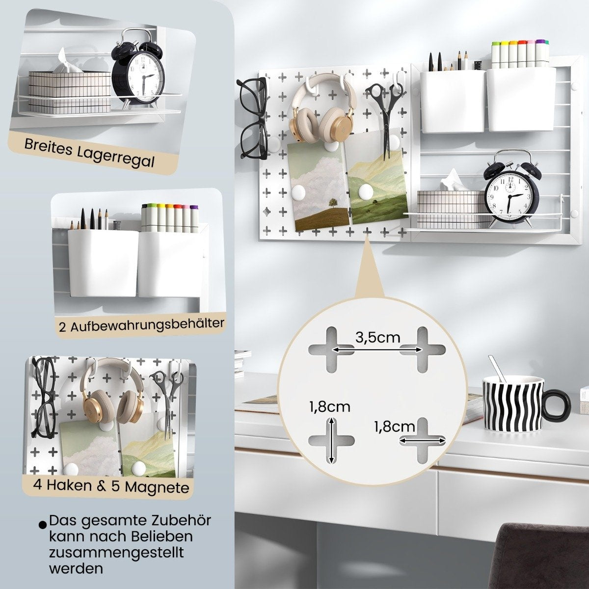Tool wall with 2 storage containers & 1 storage rack & 5 magnets & 4 hooks pegboard