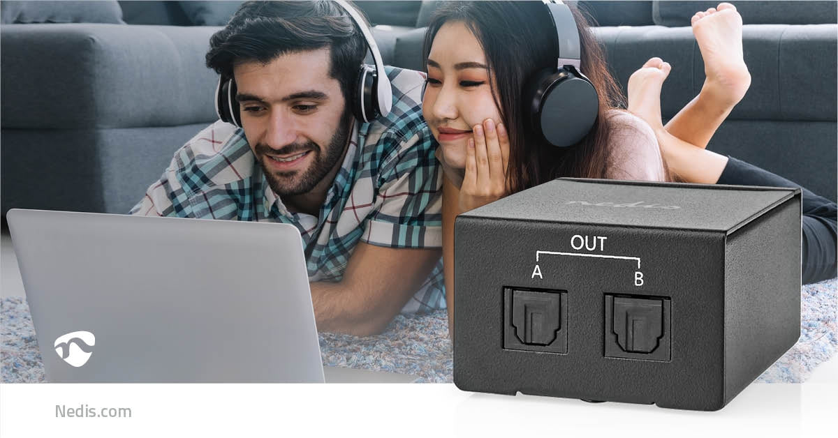 TosLink Splitter | Two-way | Connection input: TosLink Female | Connection output: 2x TosLink | Button | Metal | Black