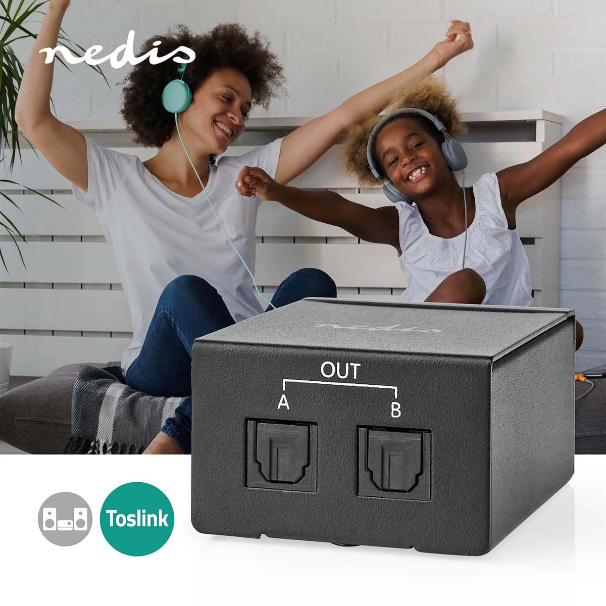 TosLink Splitter | Two-way | Connection input: TosLink Female | Connection output: 2x TosLink | Button | Metal | Black