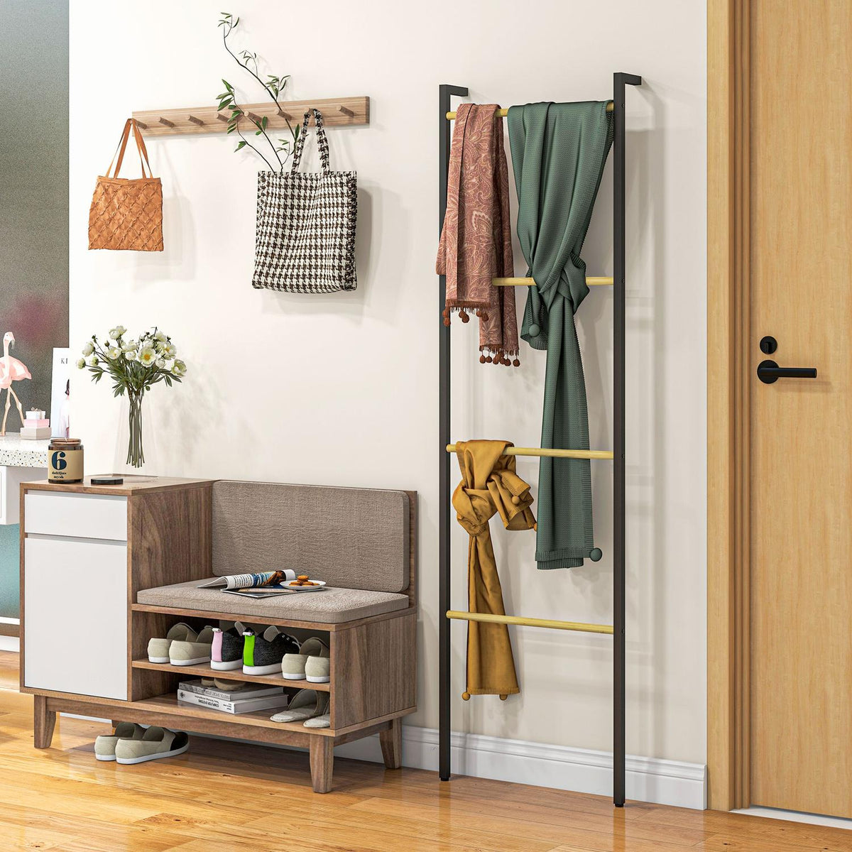 Towel Ladder 49 x 167.5 cm Towel Rack with 4 Bars Space Saving for Bath Towels Clothes Blankets Newspapers Steel Black