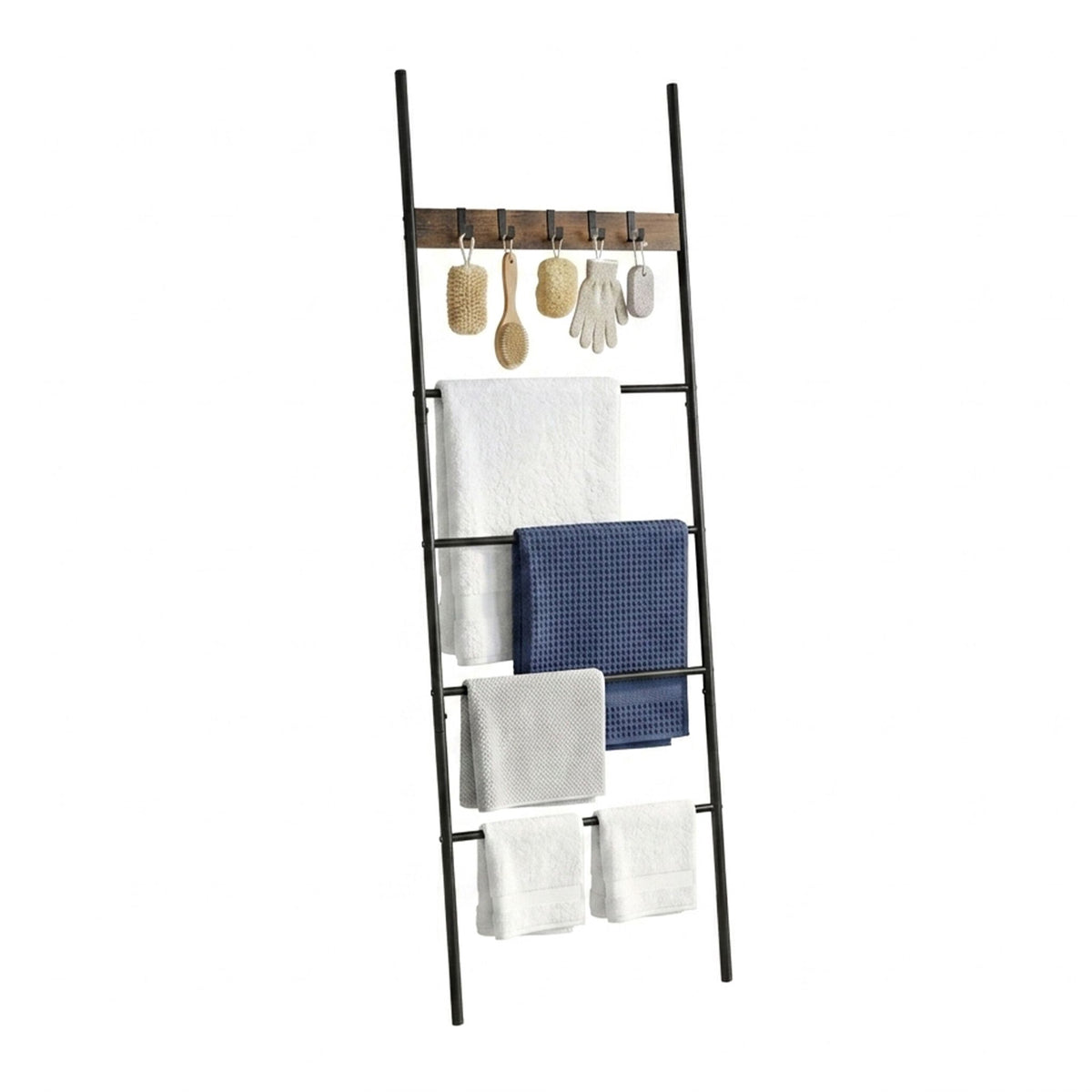 Towel Ladder with 4 Rungs & 5 Hooks – Brown, Steel & MDF