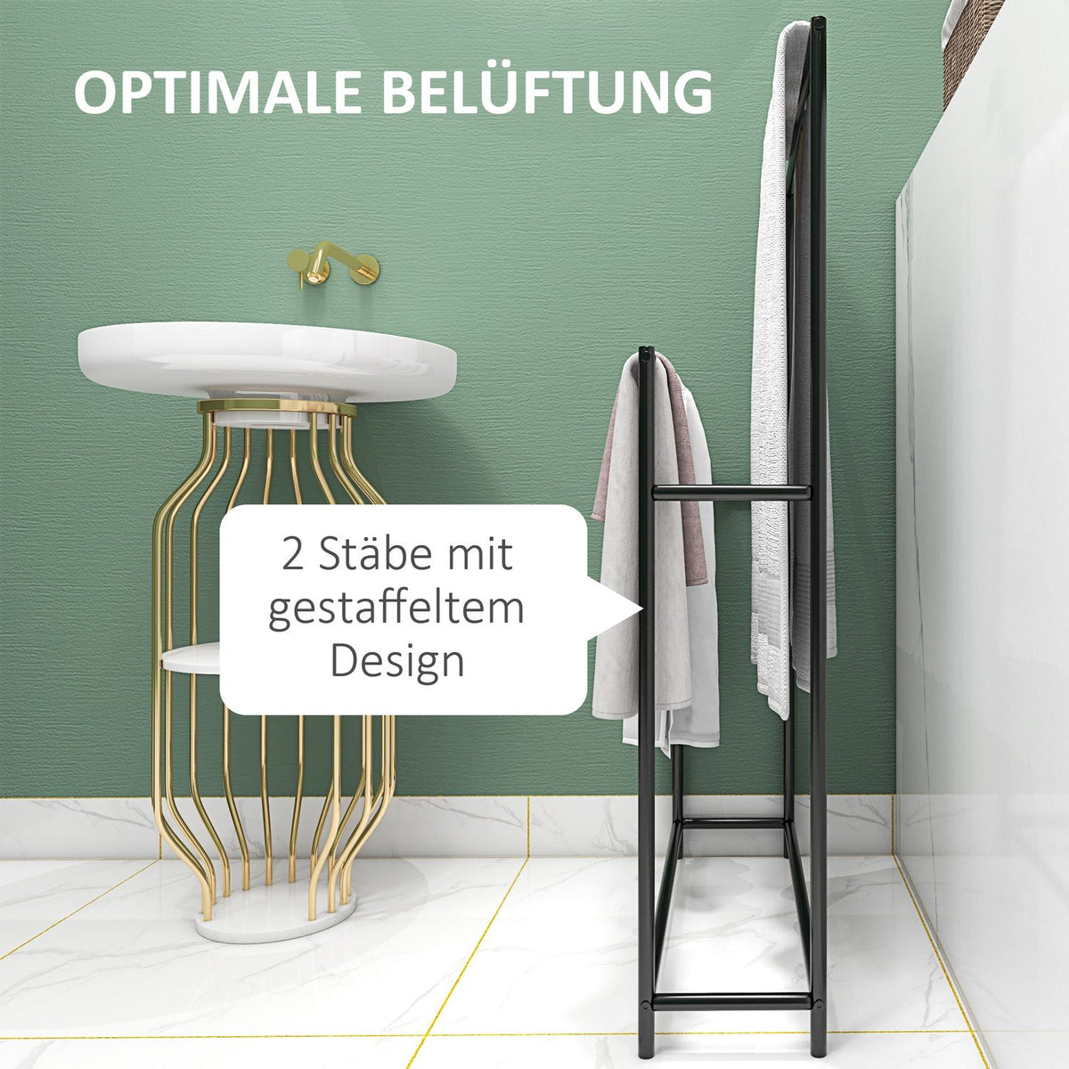 Towel Rack, Freestanding Towel Rack with 2 Towel Rails, Bath Towel Rack for Bathroom, Metal, 66 x 20 x 110 cm, Black