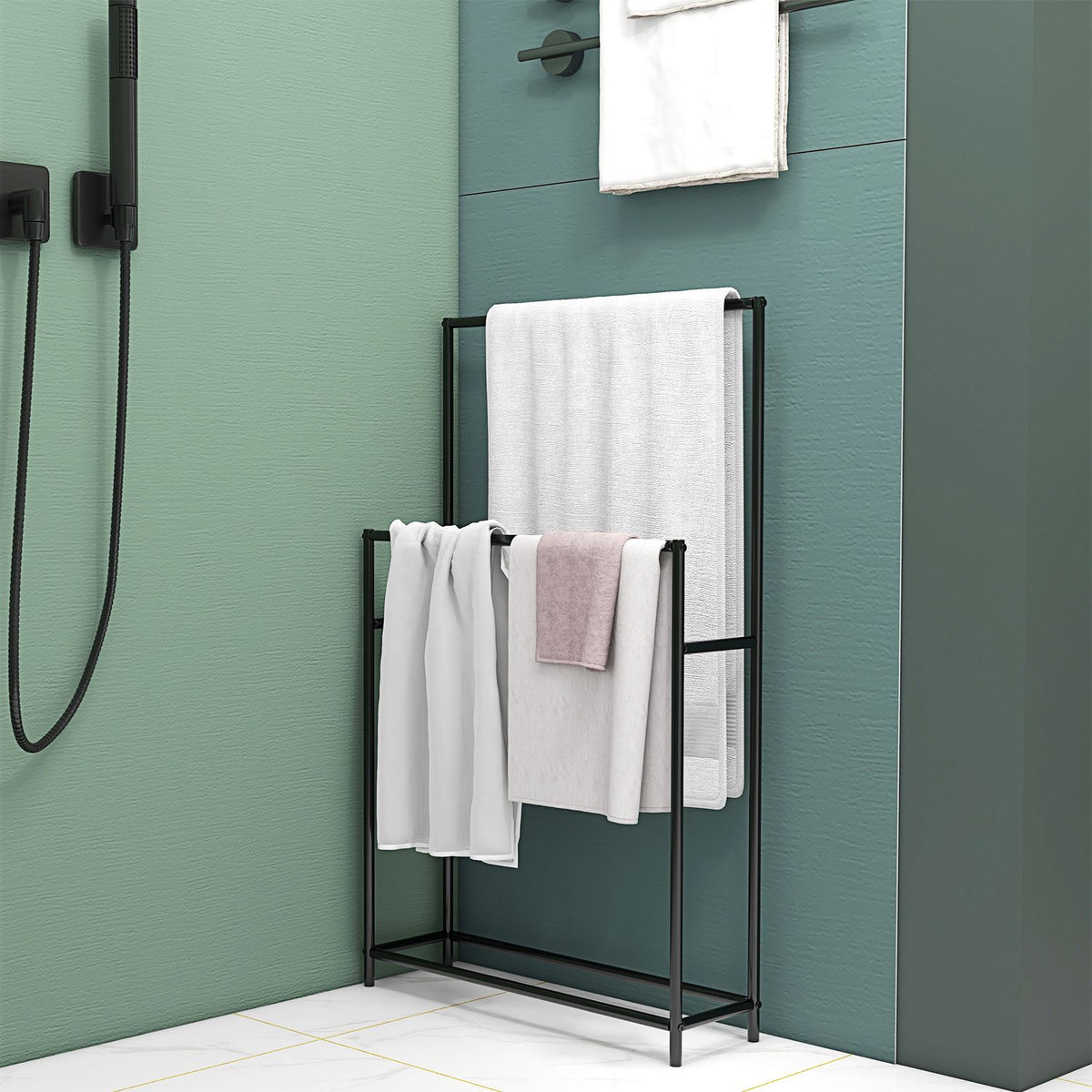 Towel Rack, Freestanding Towel Rack with 2 Towel Rails, Bath Towel Rack for Bathroom, Metal, 66 x 20 x 110 cm, Black