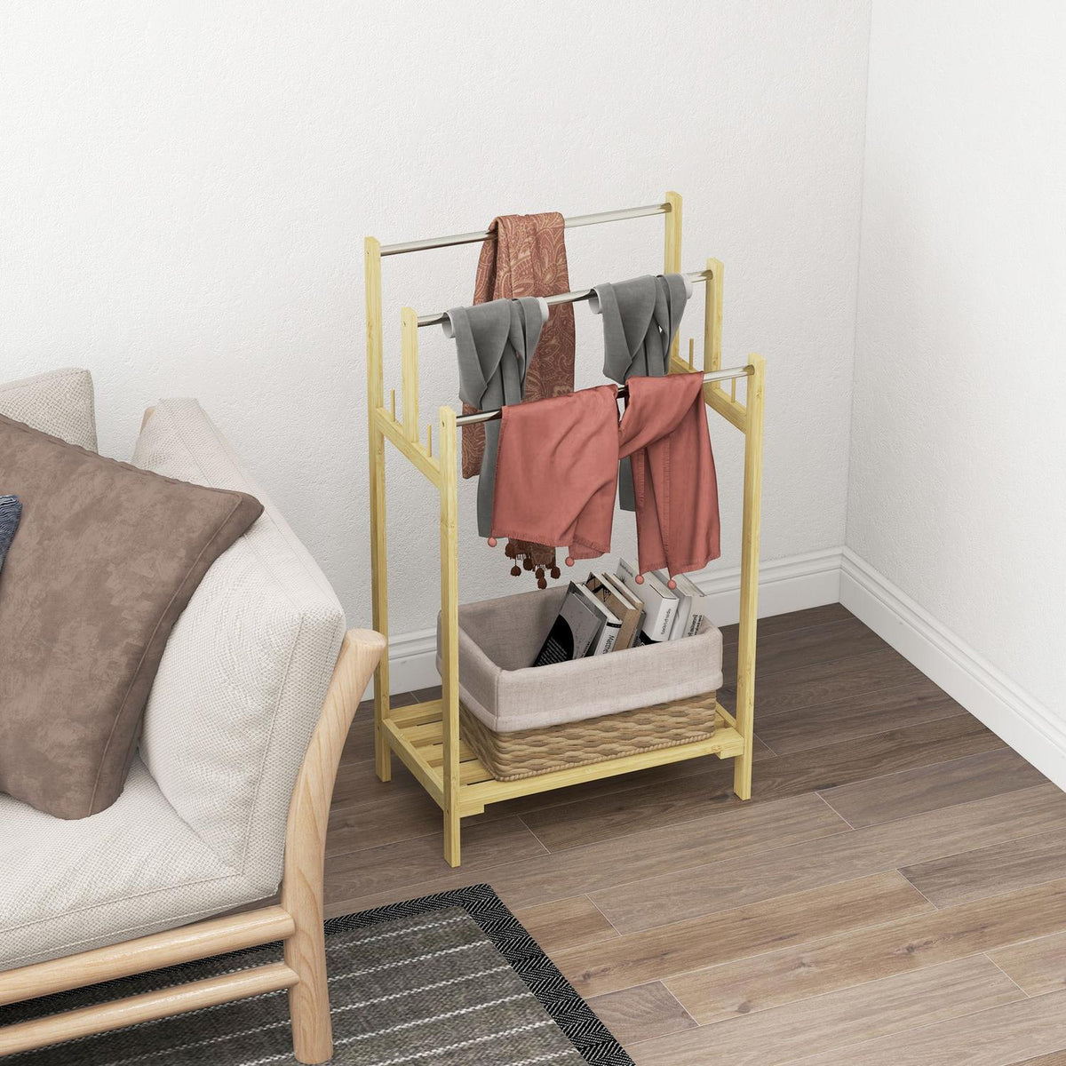 Towel Rack Freestanding, Towel Rack with 4 Hooks, 3 Towel Rails, Bath Towel Rack for Bathroom, Bamboo, Natural