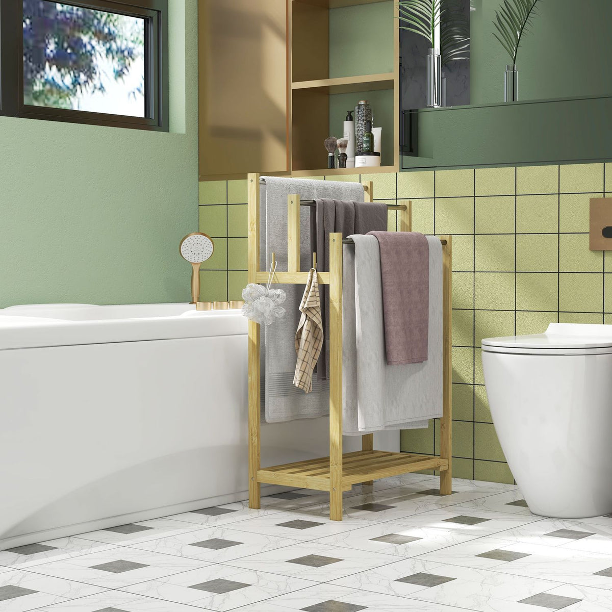 Towel Rack Freestanding, Towel Rack with 4 Hooks, 3 Towel Rails, Bath Towel Rack for Bathroom, Bamboo, Natural