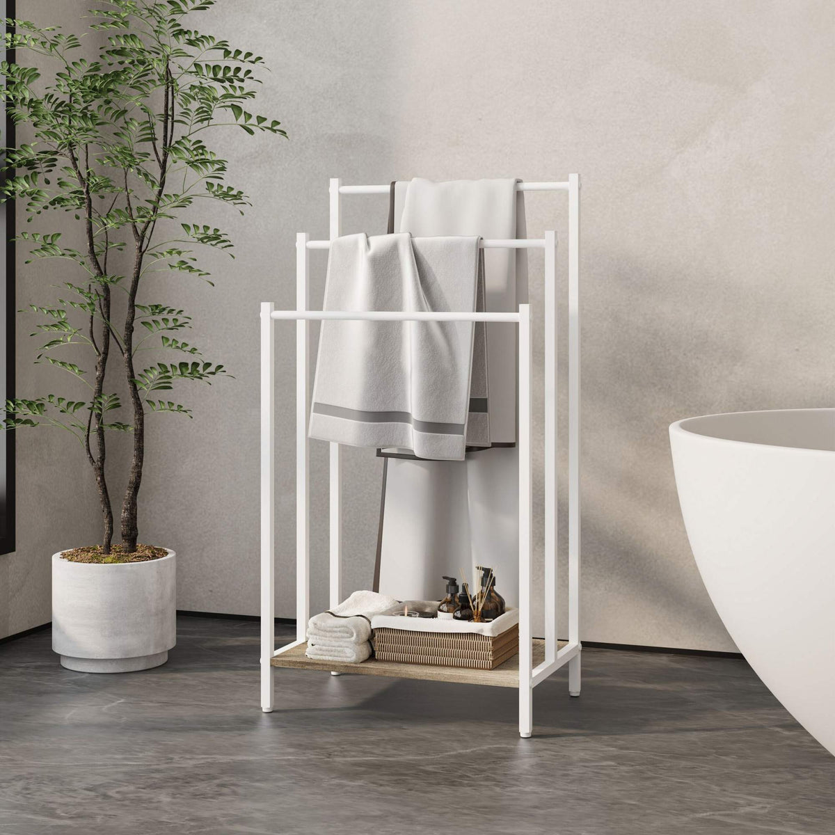 Towel Rack with Shelf – Freestanding, Metal Frame