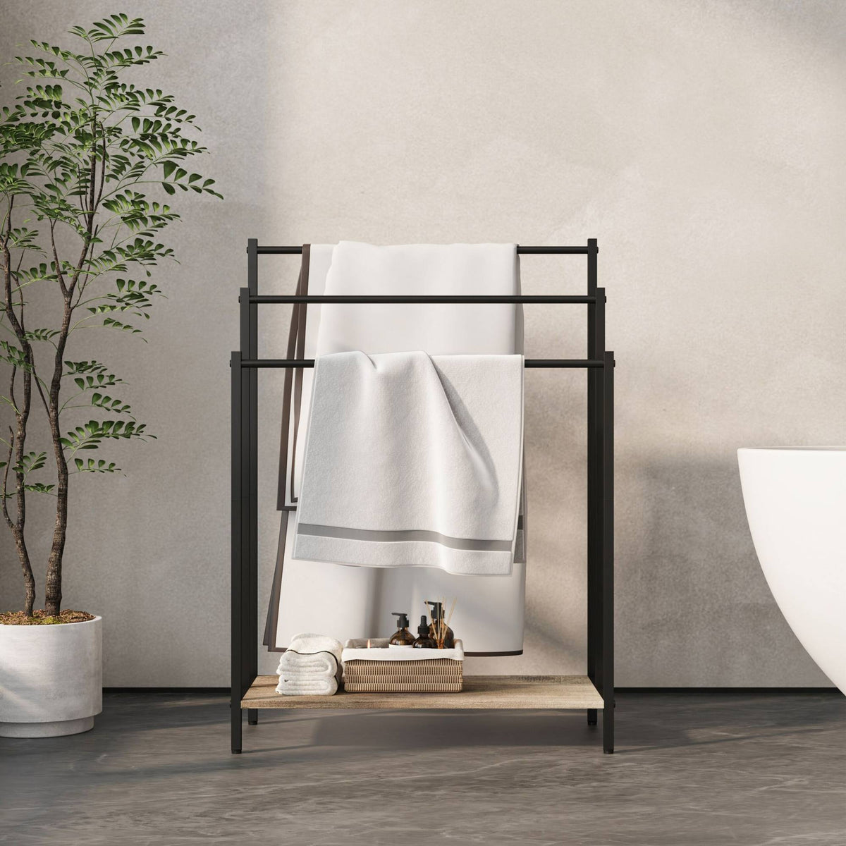Towel Rack with Shelf, Freestanding Metal Frame
