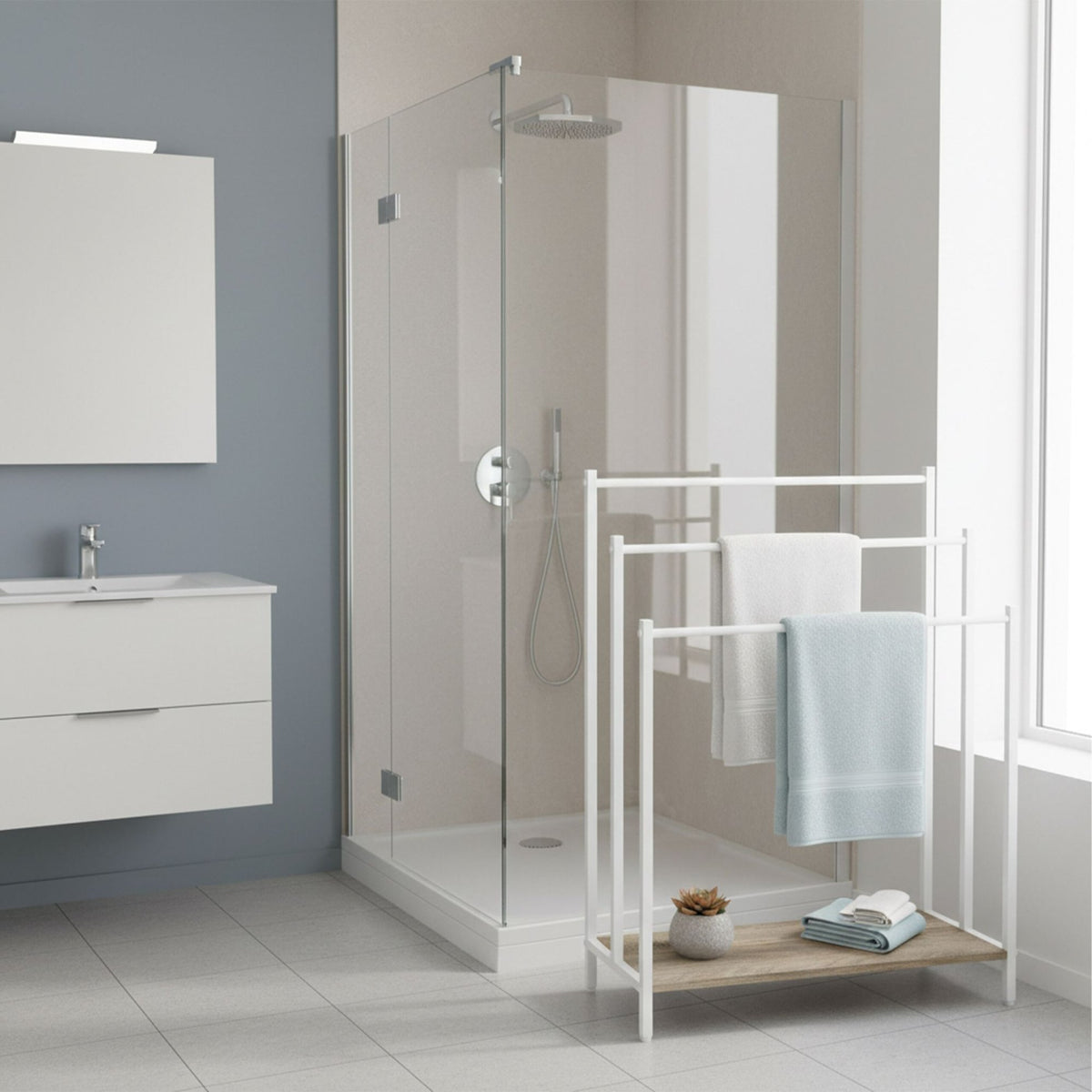 Towel Rack with Shelf – Freestanding, Metal Frame